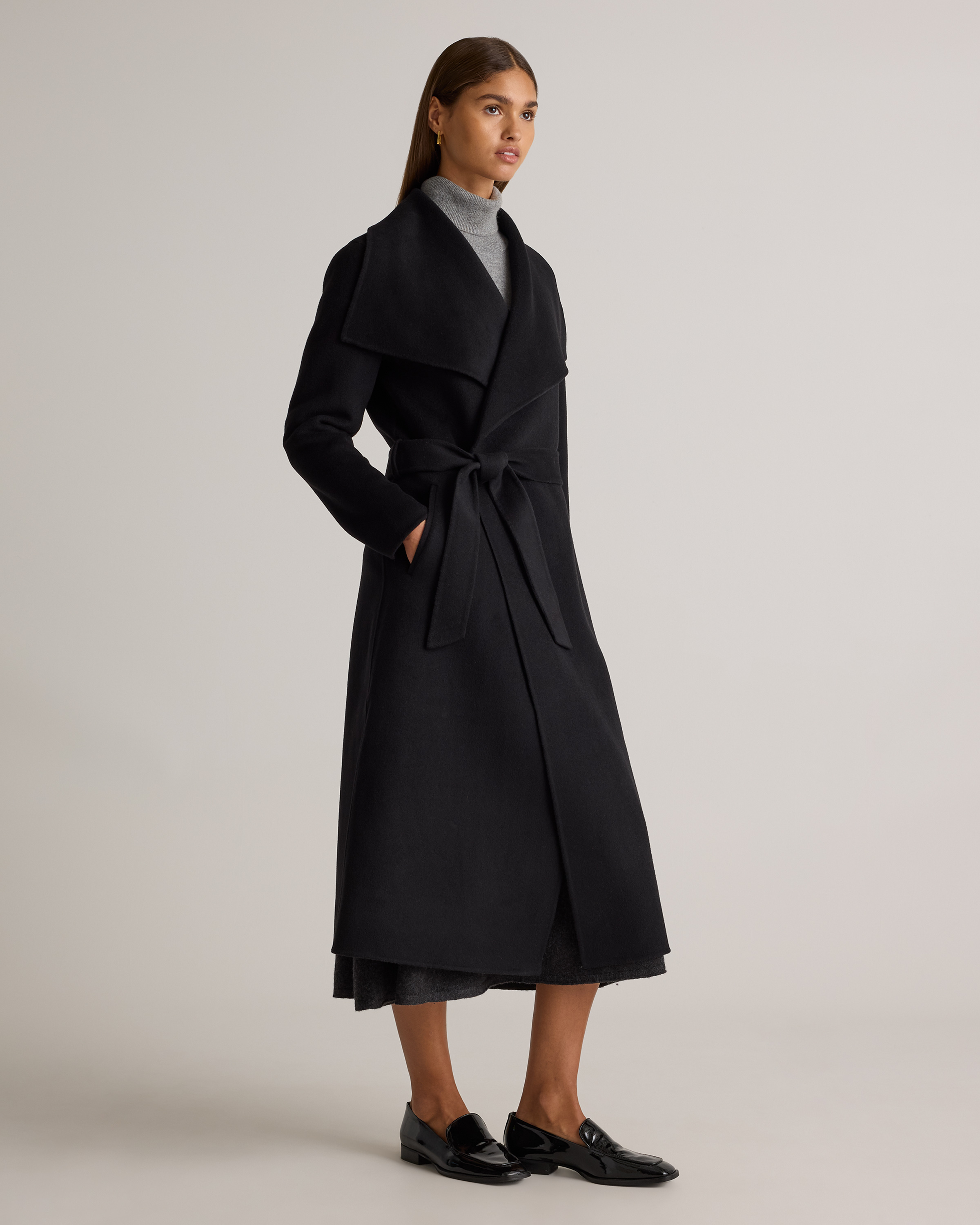 Double-Faced Merino Wool Draped Collar Wrap Coat in Black