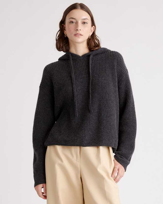 Charcoal Mongolian Cashmere Fisherman Pullover Hoodie