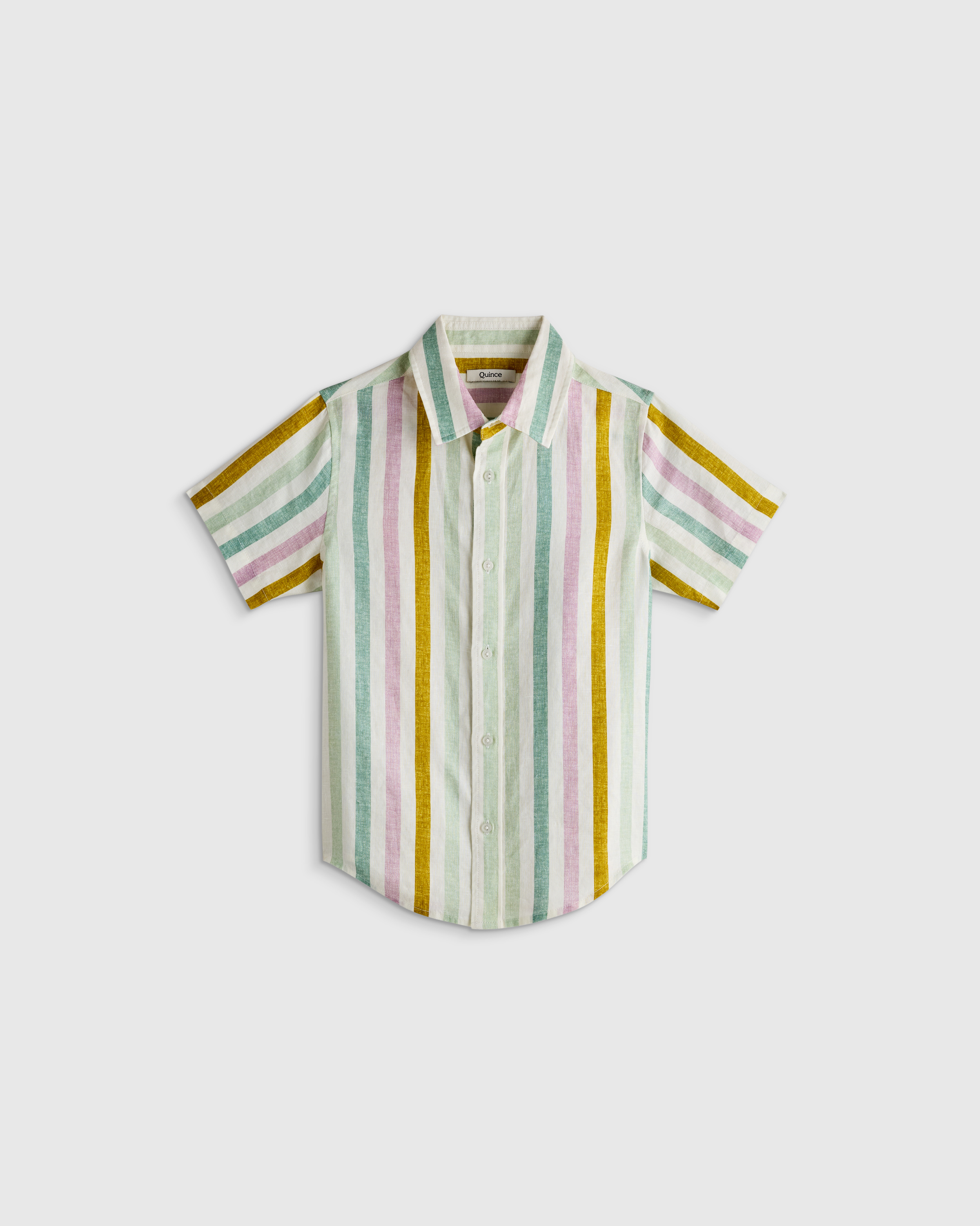 multi-vertical-stripe 100% European Linen Printed Short Sleeve Shirt