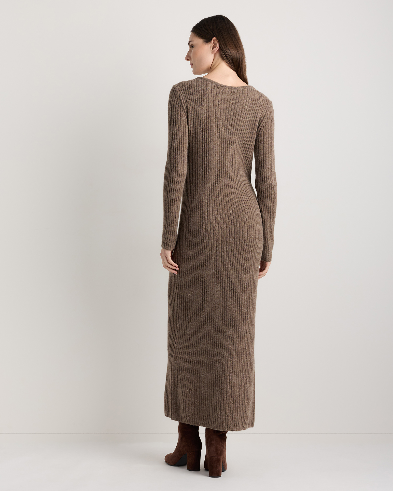 Women's 100% Yak Wool Ribbed Cardigan Sweater Dress in Heather Brown, Size XL by Quince
