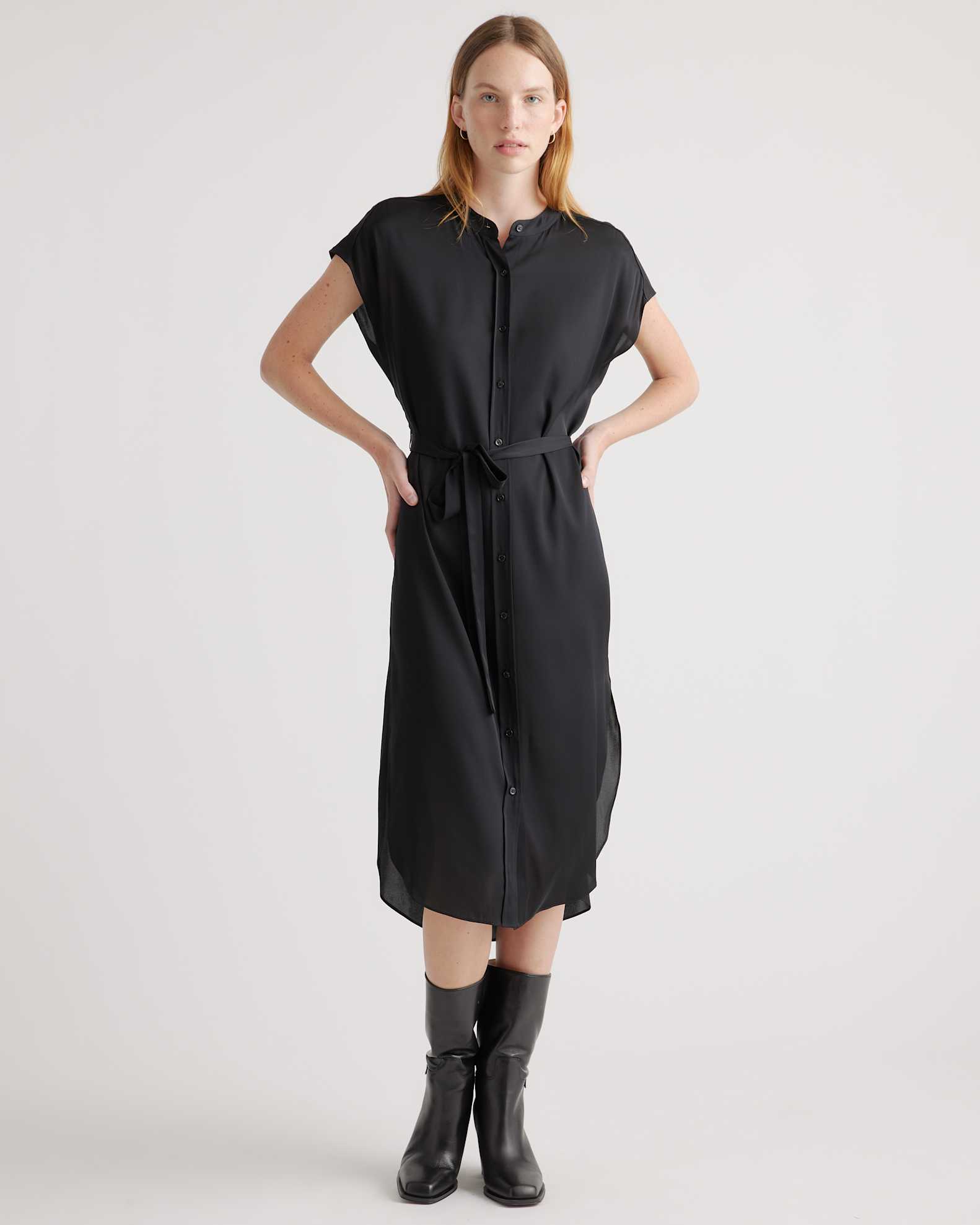 Quince Women's Washable Stretch Silk Midi Shirt Dress, Black, Size XL - Luxurious Mulberry Silk, Modern Band Collar & Belted Waist Quince Women's Washable Stretch Silk Midi Shirt Dress, Black, Size XL - Luxurious Mulberry Silk, Modern Band Collar & Belted Waist