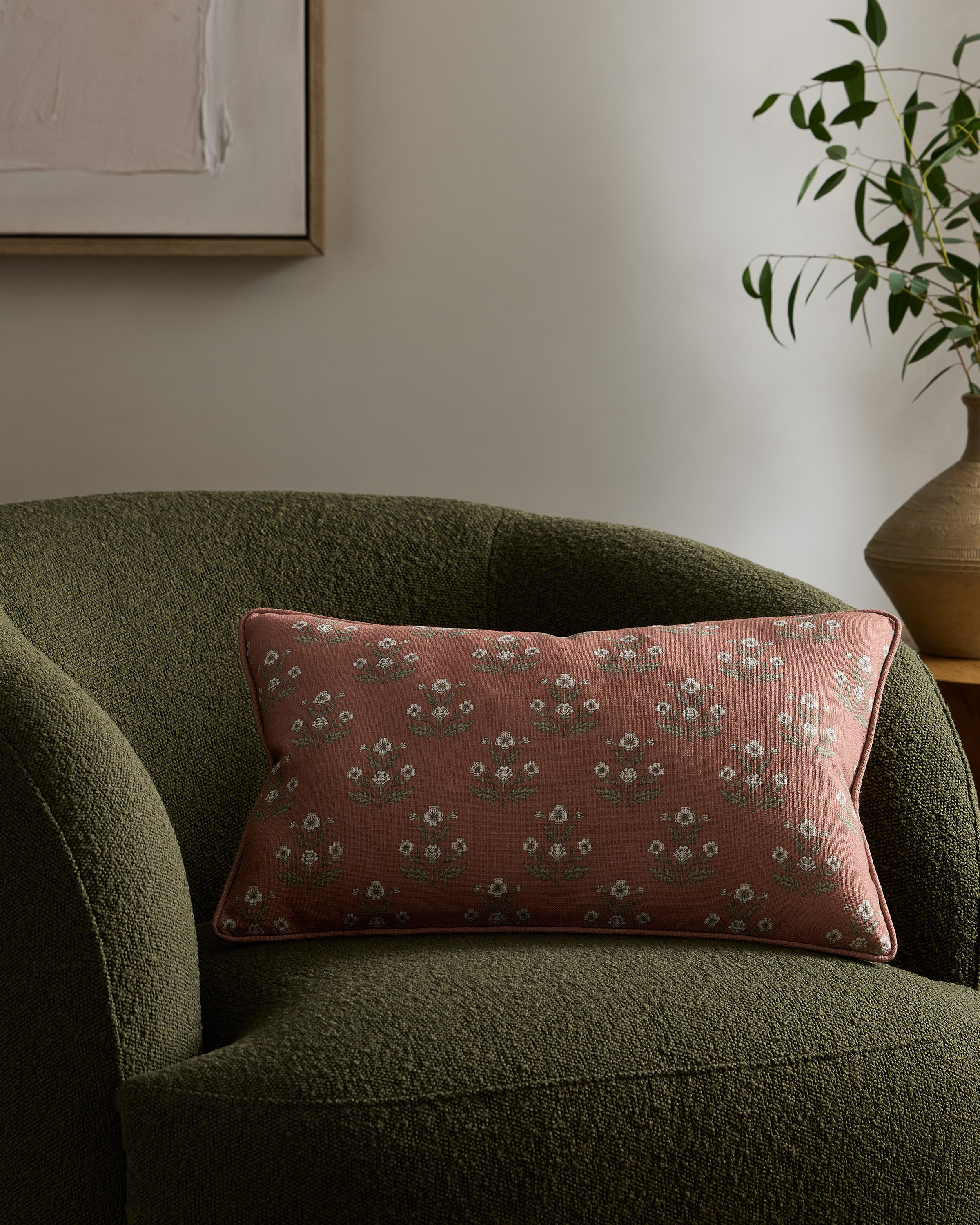 Piped Block Print Cotton Pillow Cover in Rust