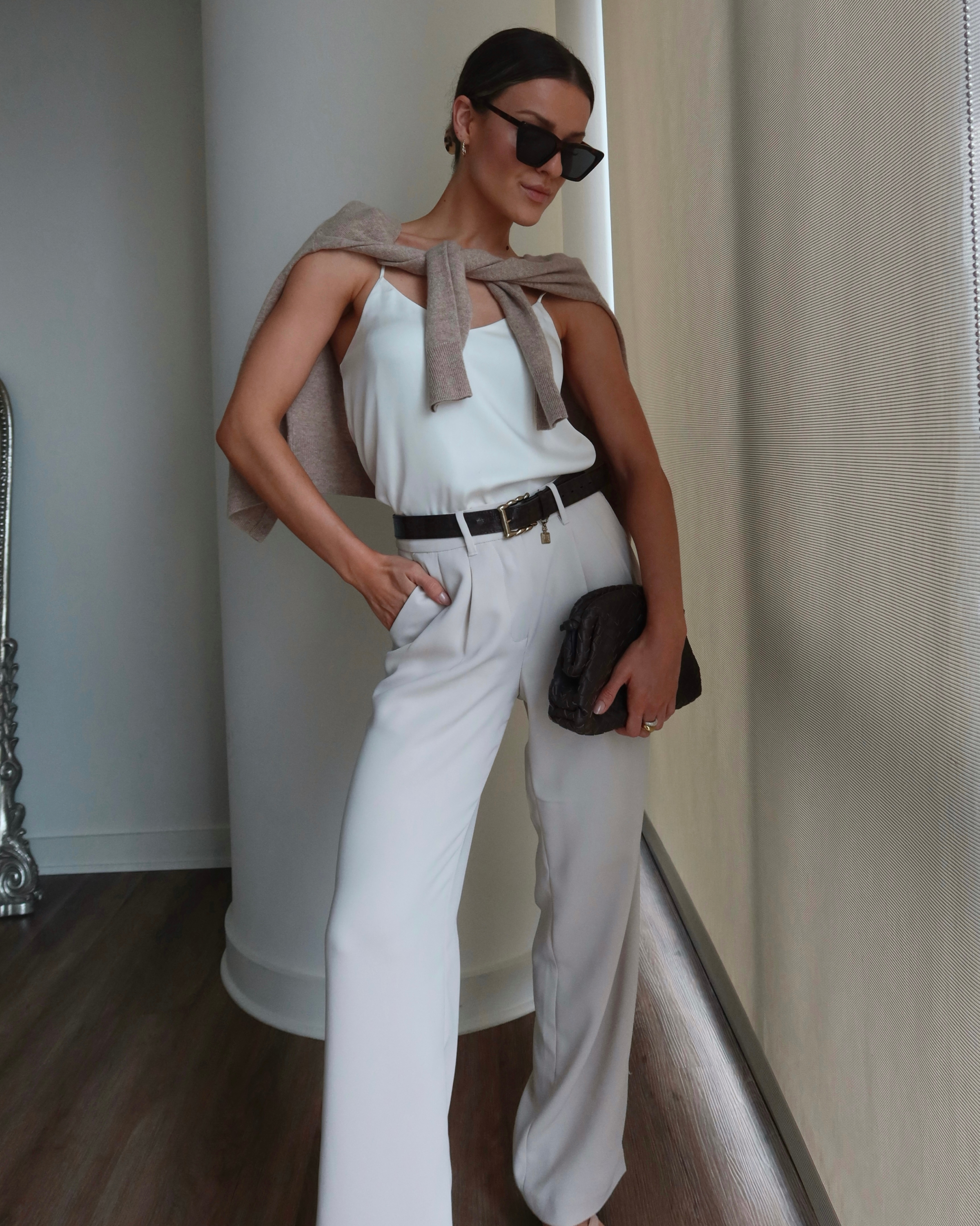 Stretch Crepe Pleated Wide Leg Pants