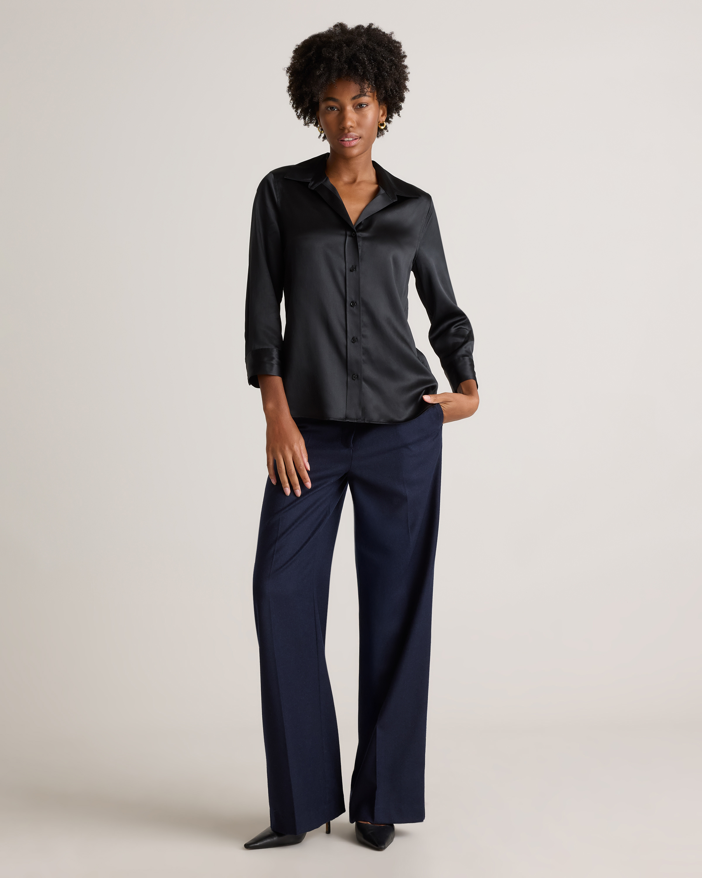 100% Washable Silk Three-Quarter Sleeve Shirt in Black