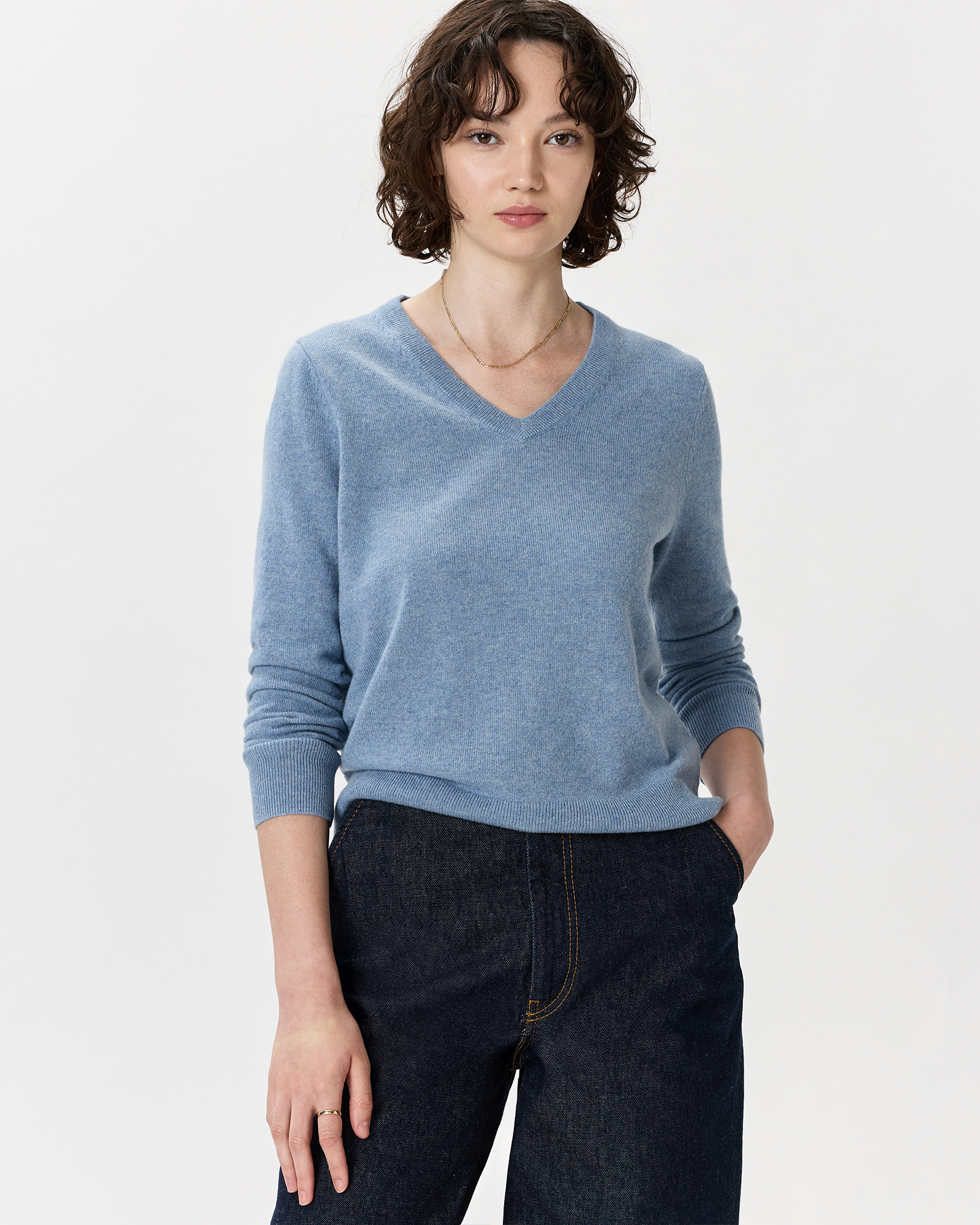 Faded Denim Mongolian Cashmere V-Neck Sweater