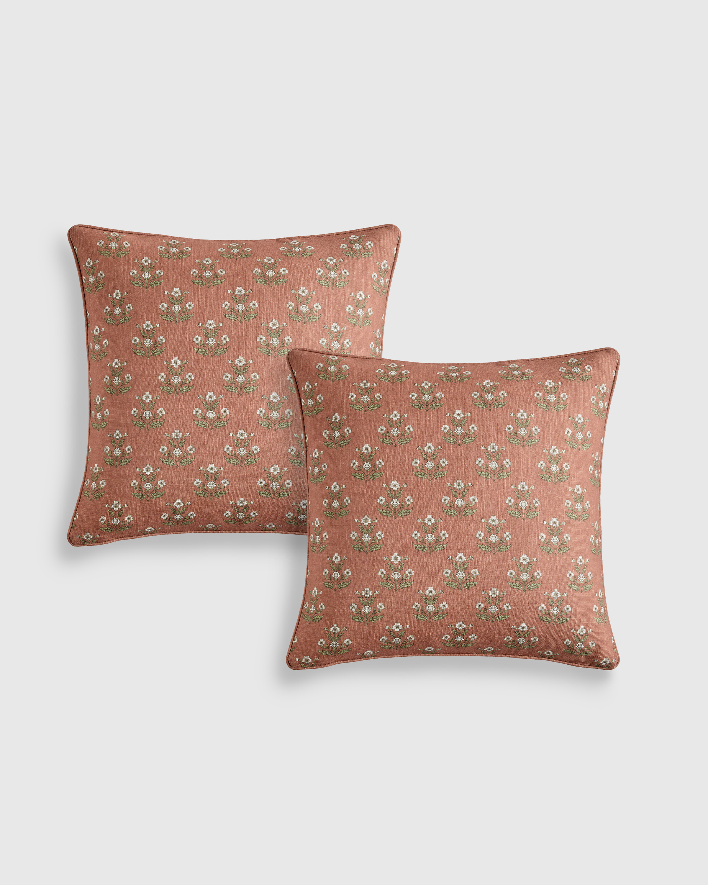 Piped Floral Cotton Pillow Cover (Set of 2) in Rust