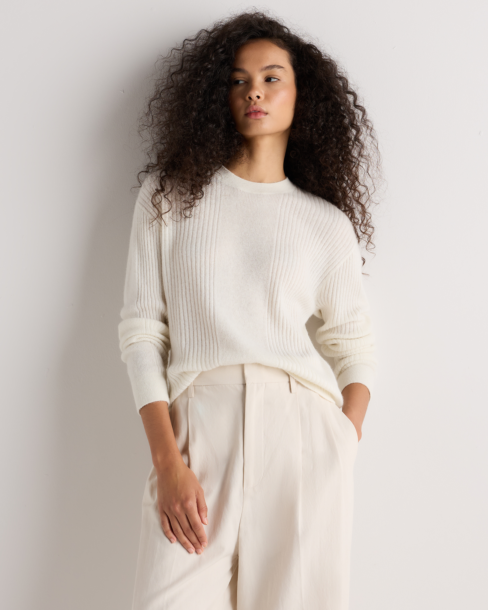 Stone Ivory Lightweight Baby Alpaca Ribbed Crewneck