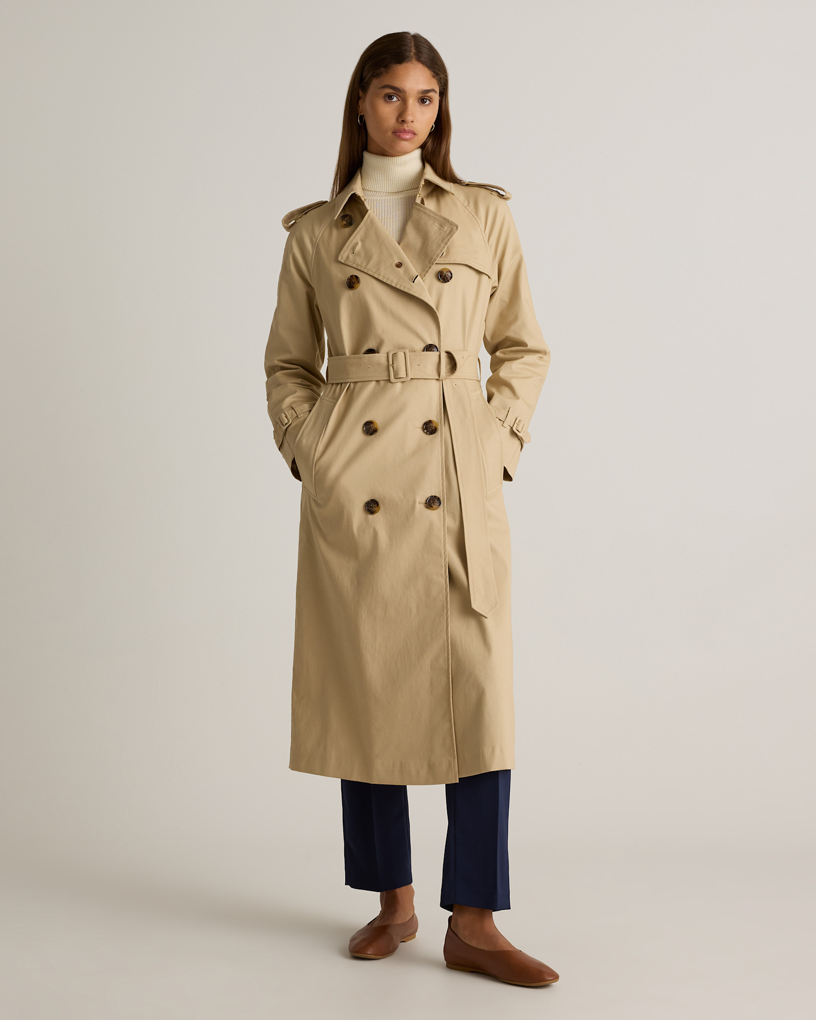 Eco Luxe Trench Luxe Pleated Trench Coat With Belt White Beige For