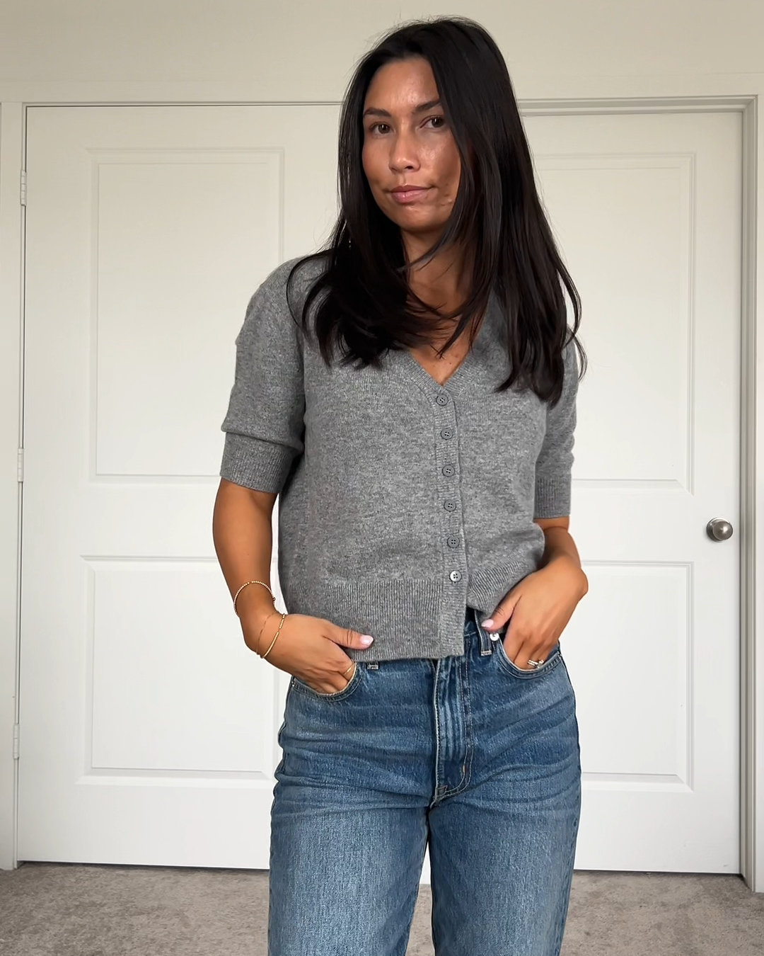Mongolian Cashmere Short Sleeve Cardigan Heather Grey Gabby Crays 4x5