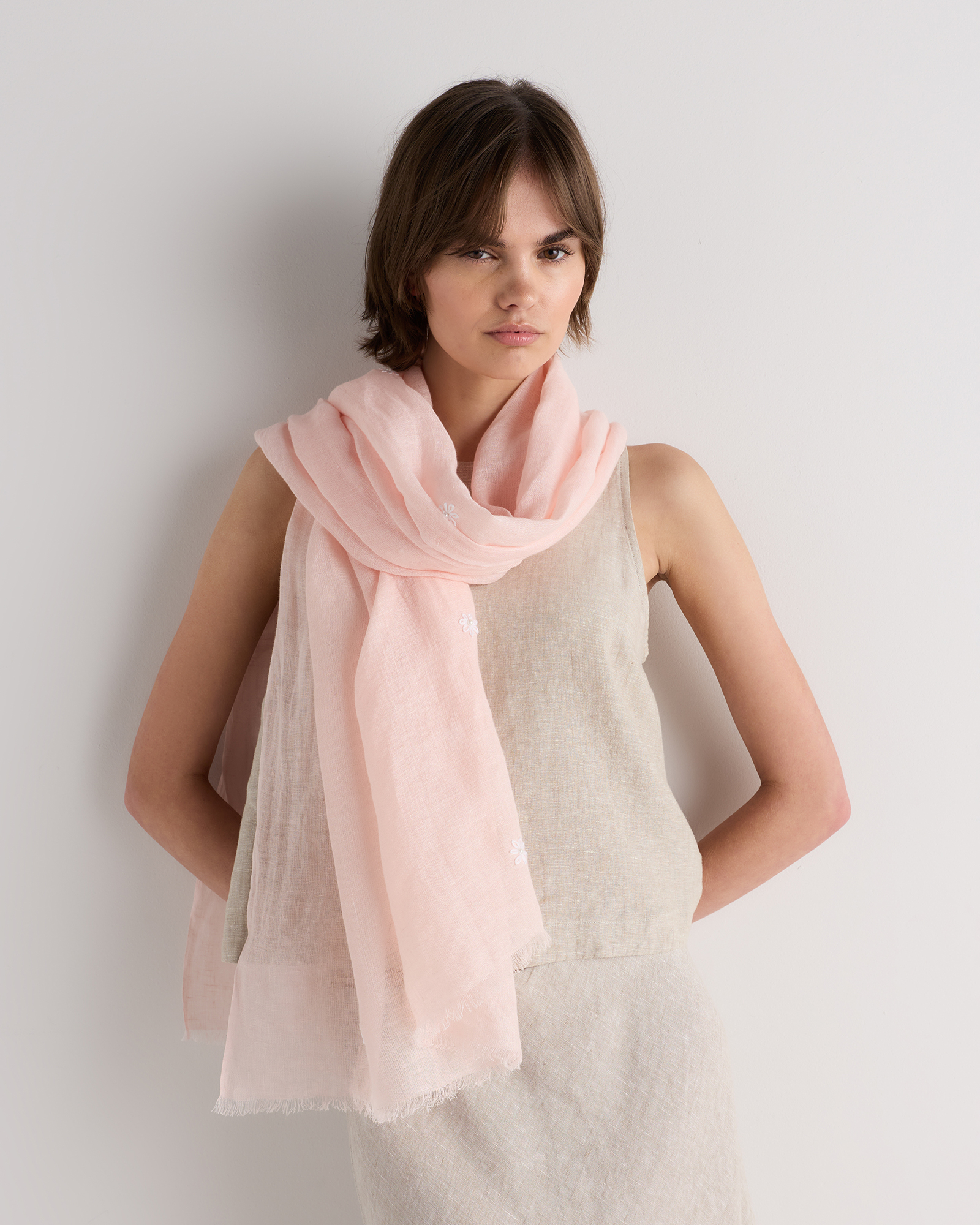 100% European Linen Embroidered Scarf - thumbnail 6
