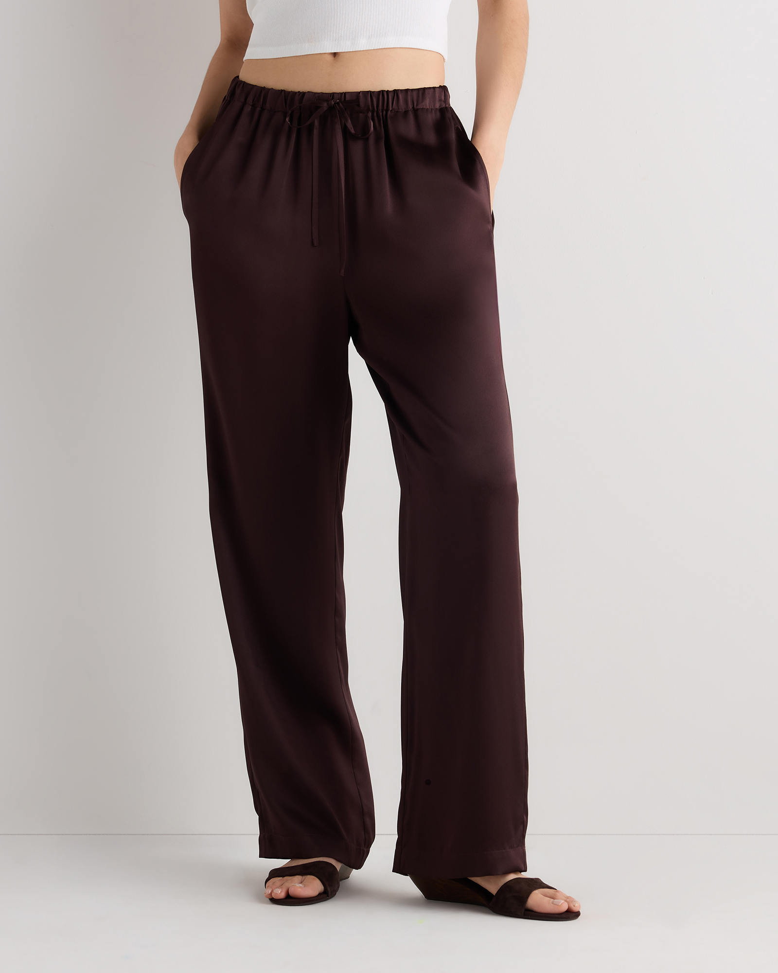 Chocolate Plum Brown 100% Washable Silk Drawstring Wide Leg Pants