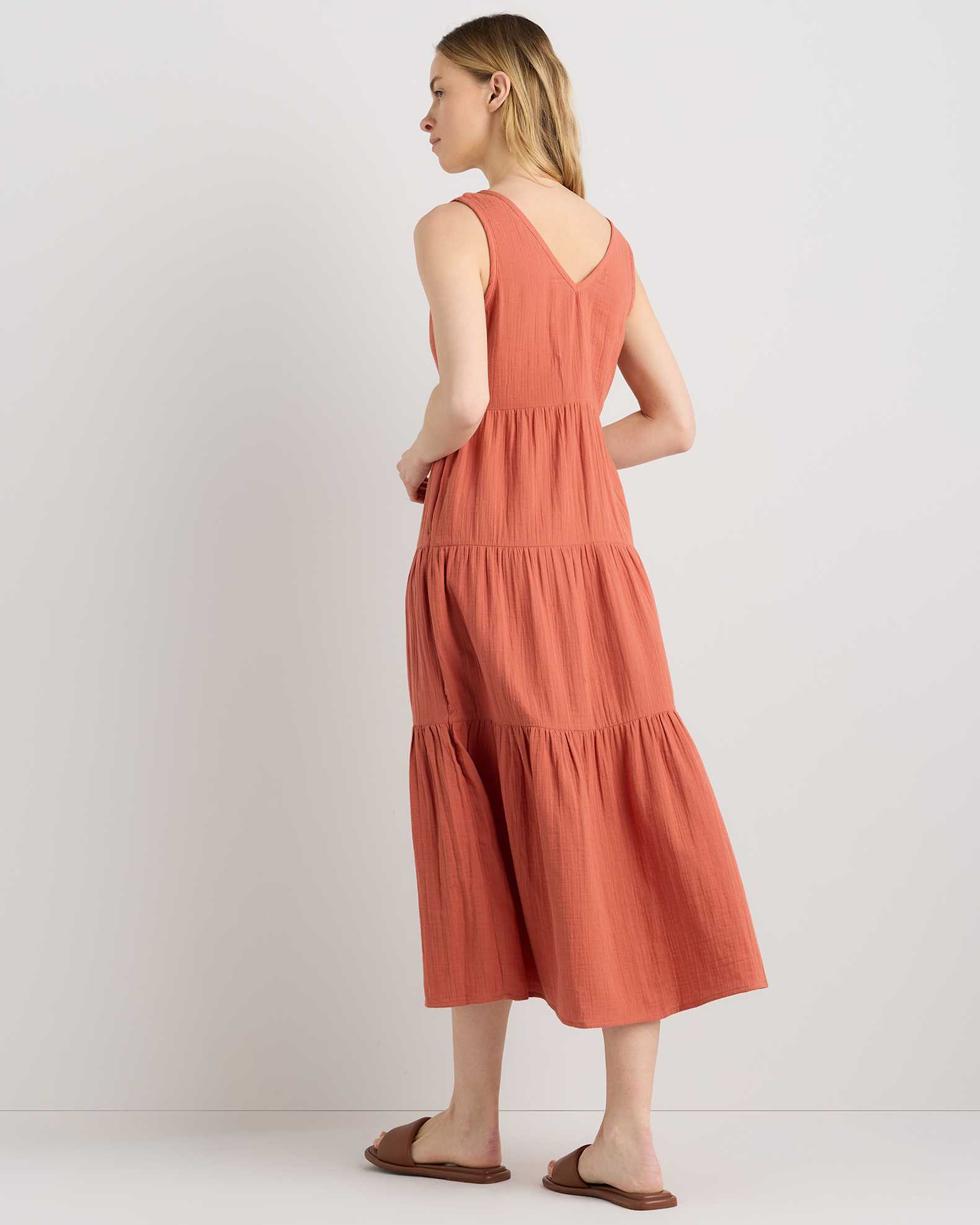 orange cotton dress for women Orange Cotton Poplin A-Line Deep Neck Maxi Tier Dress 36" / Petite (5'1" and below)