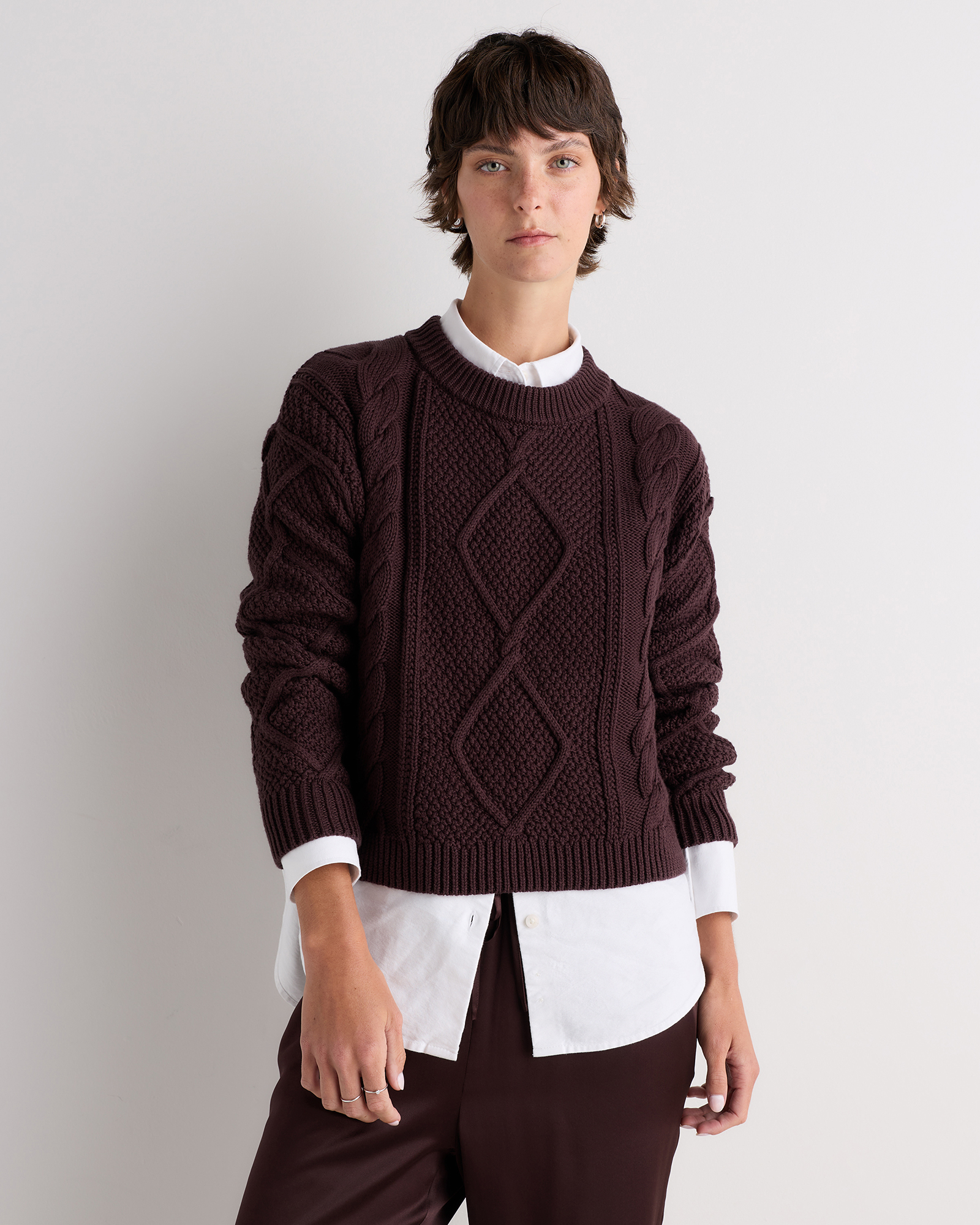 Chocolate Plum Brown 100% Organic Cotton Cropped Cable Crew Sweater