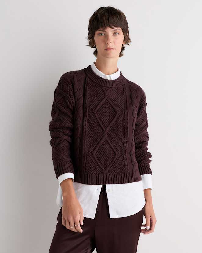 Chocolate Plum Brown 100% Organic Cotton Cropped Cable Crew Sweater
