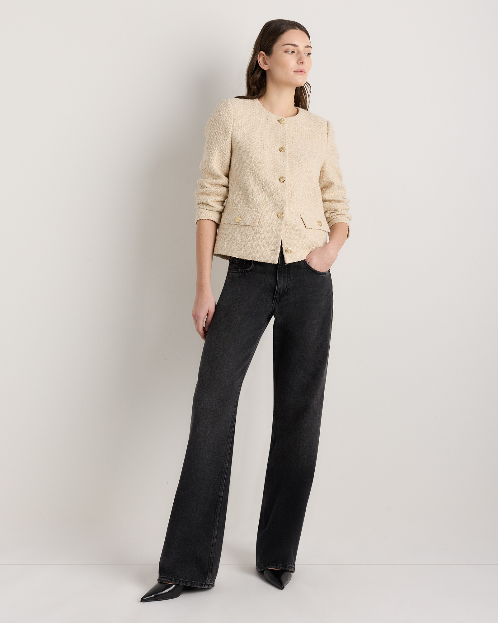 Tweed Collarless Jacket in Ivory Coast