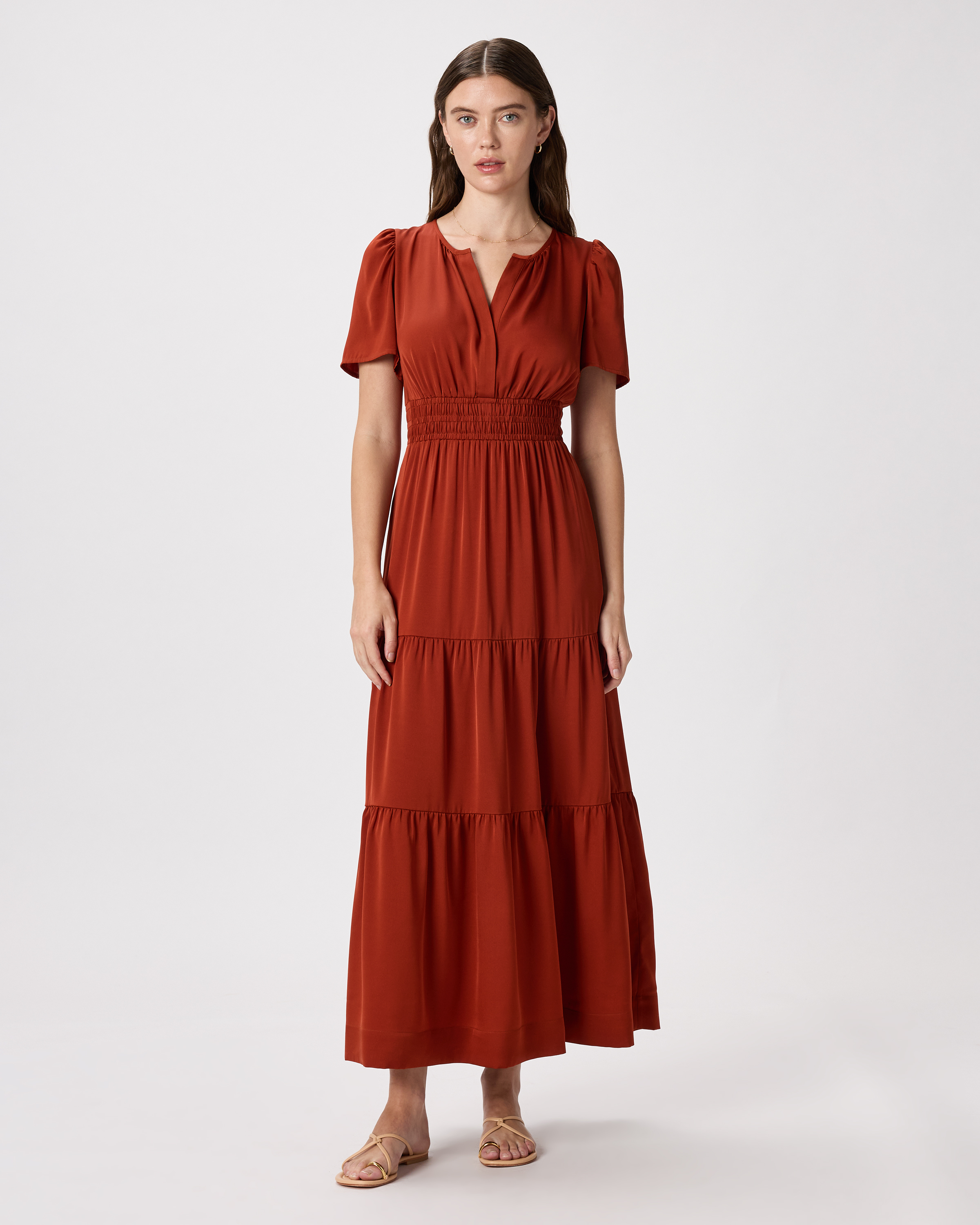 Paprika Red Washable Stretch Silk Tiered Maxi Dress