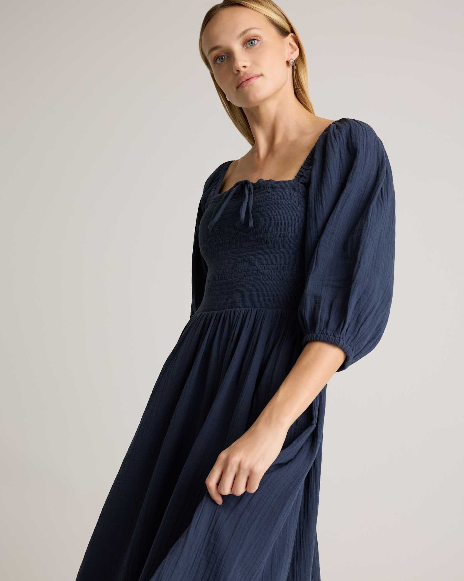 Women's Gauze Smocked Square Neck Midi Dress in Indigo Blue, Size XL, Organic Cotton by Quince Women's Gauze Smocked Square Neck Midi Dress in Indigo Blue, Size XL, Organic Cotton by Quince