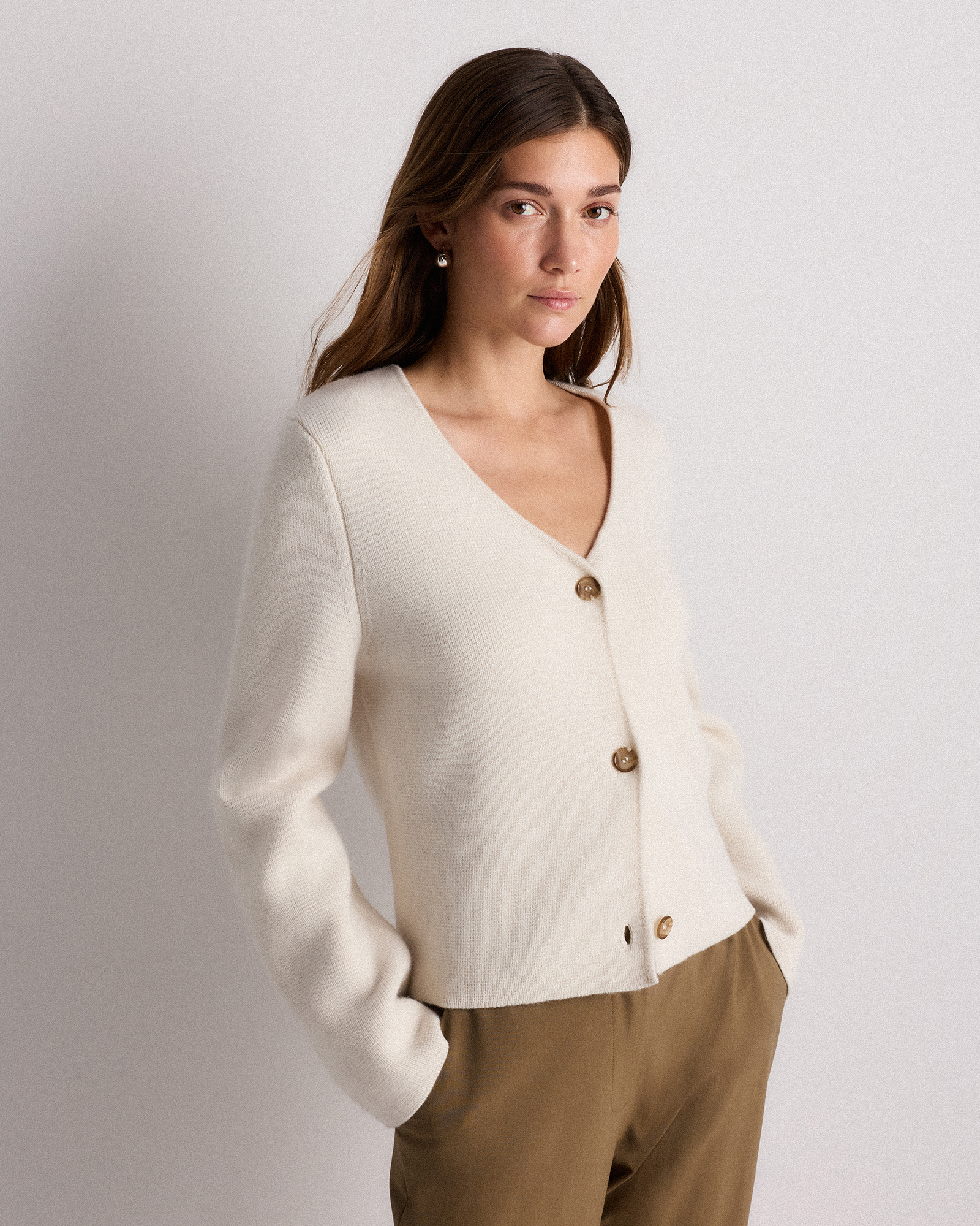 Ivory Mongolian Cashmere Structured V-Neck Cardigan