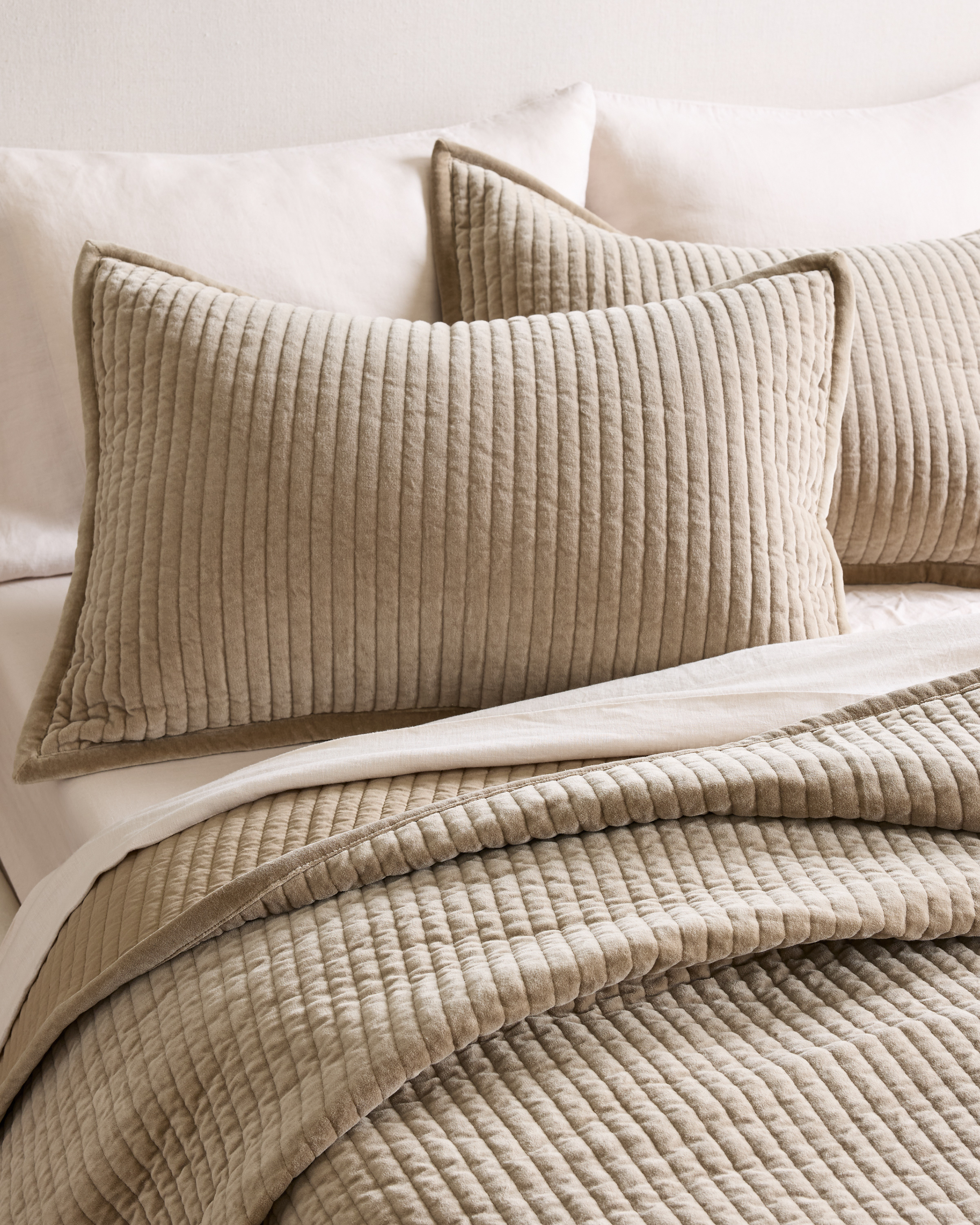 Light Taupe Cotton Velvet Channel Quilted Sham Set