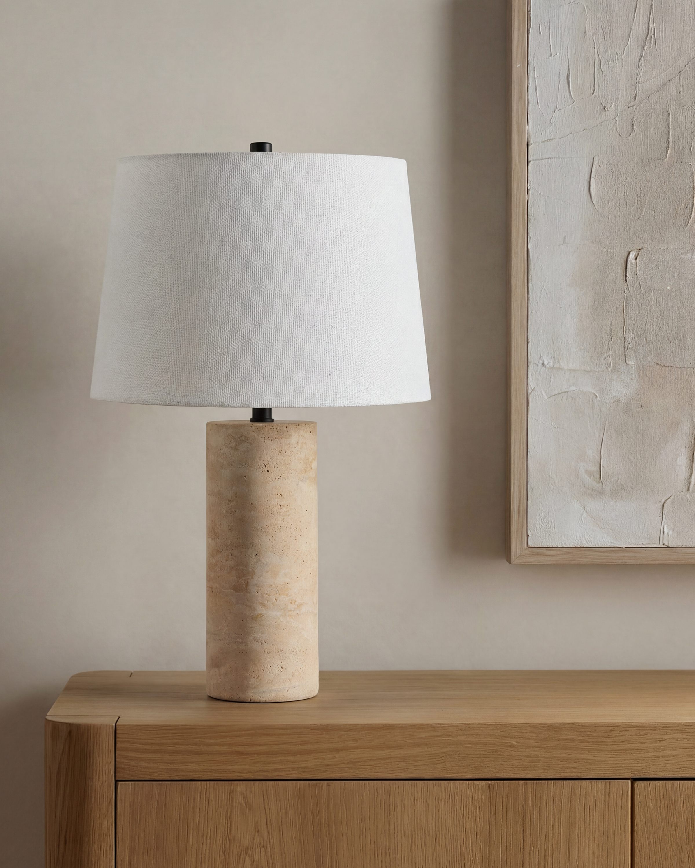 Travertine Table Lamp with Drum Shade - Beige