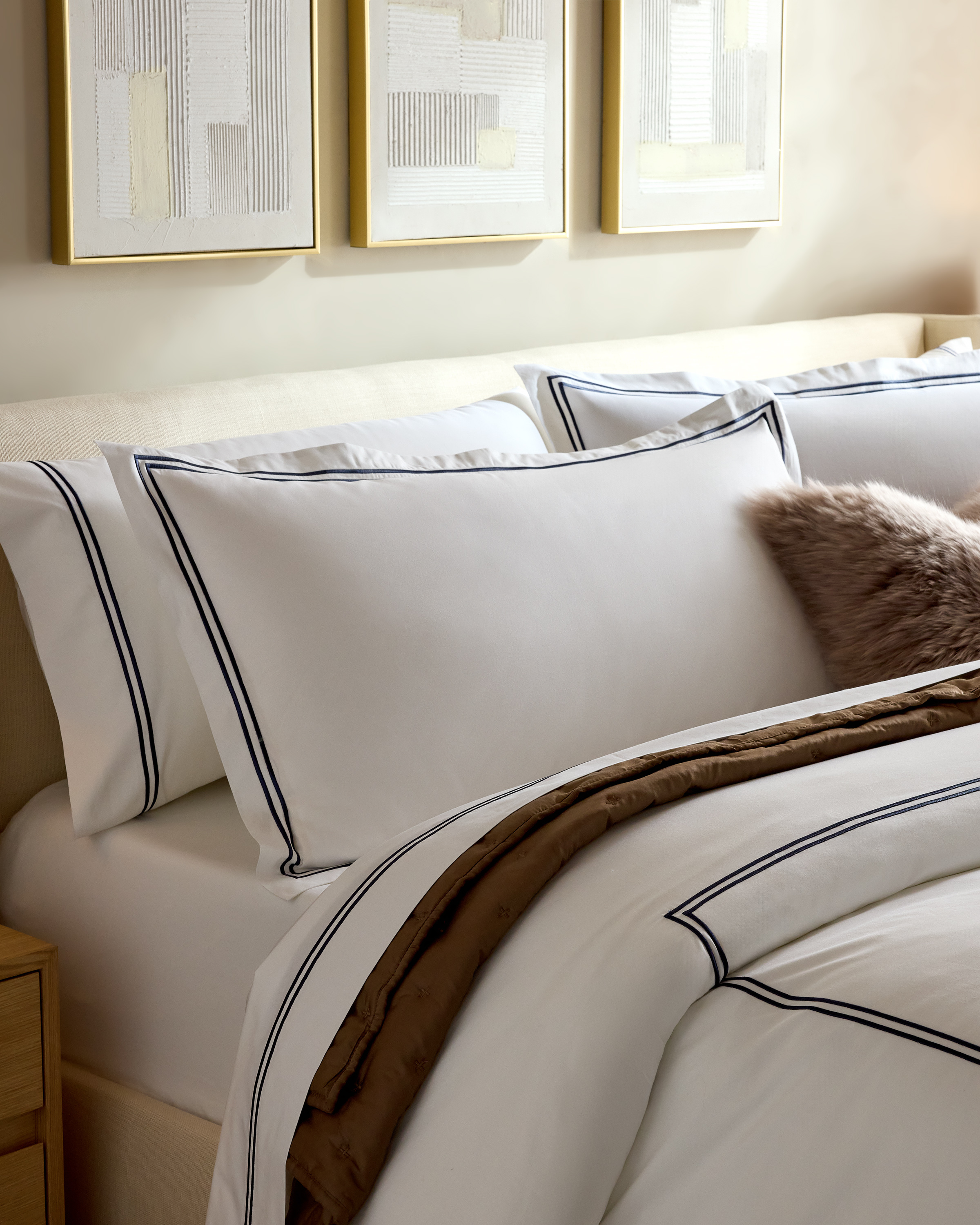White/Navy Classic Organic Percale Embellished Sham Set