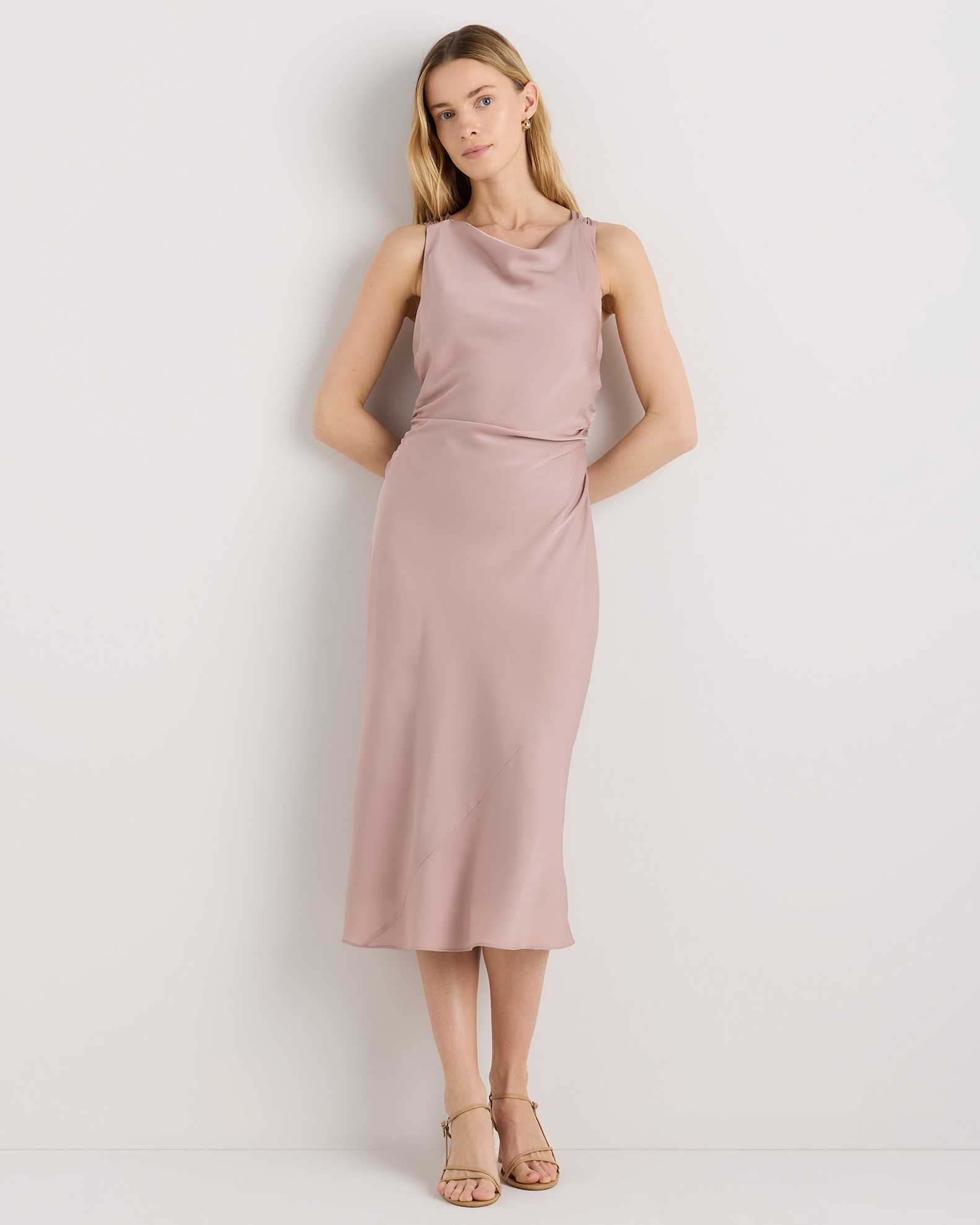 Washable Stretch Silk High Neck Midi Dress in Vintage Pink Washable Stretch Silk High Neck Midi Dress in Vintage Pink