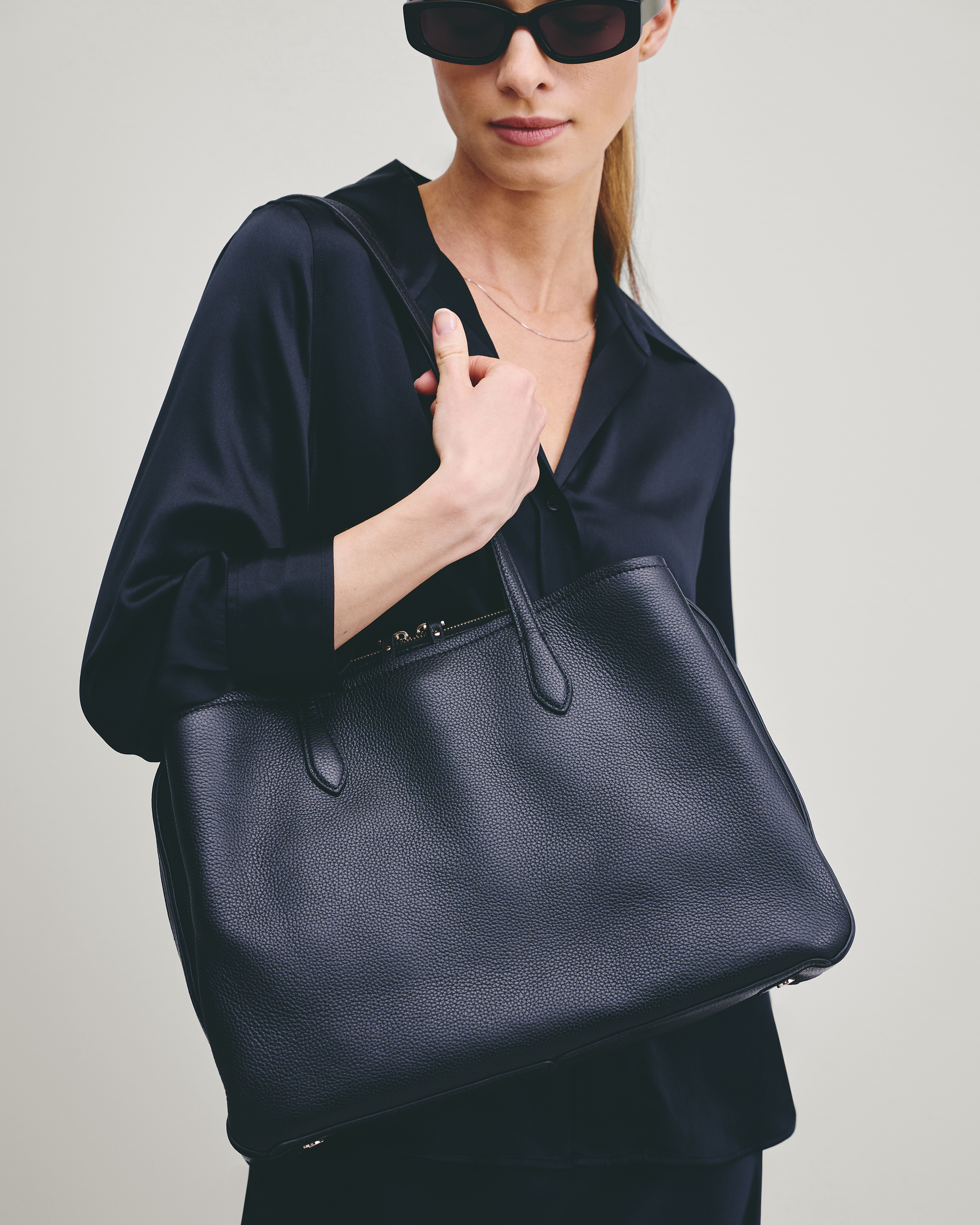 Black Italian Leather Triple Compartment Work Tote