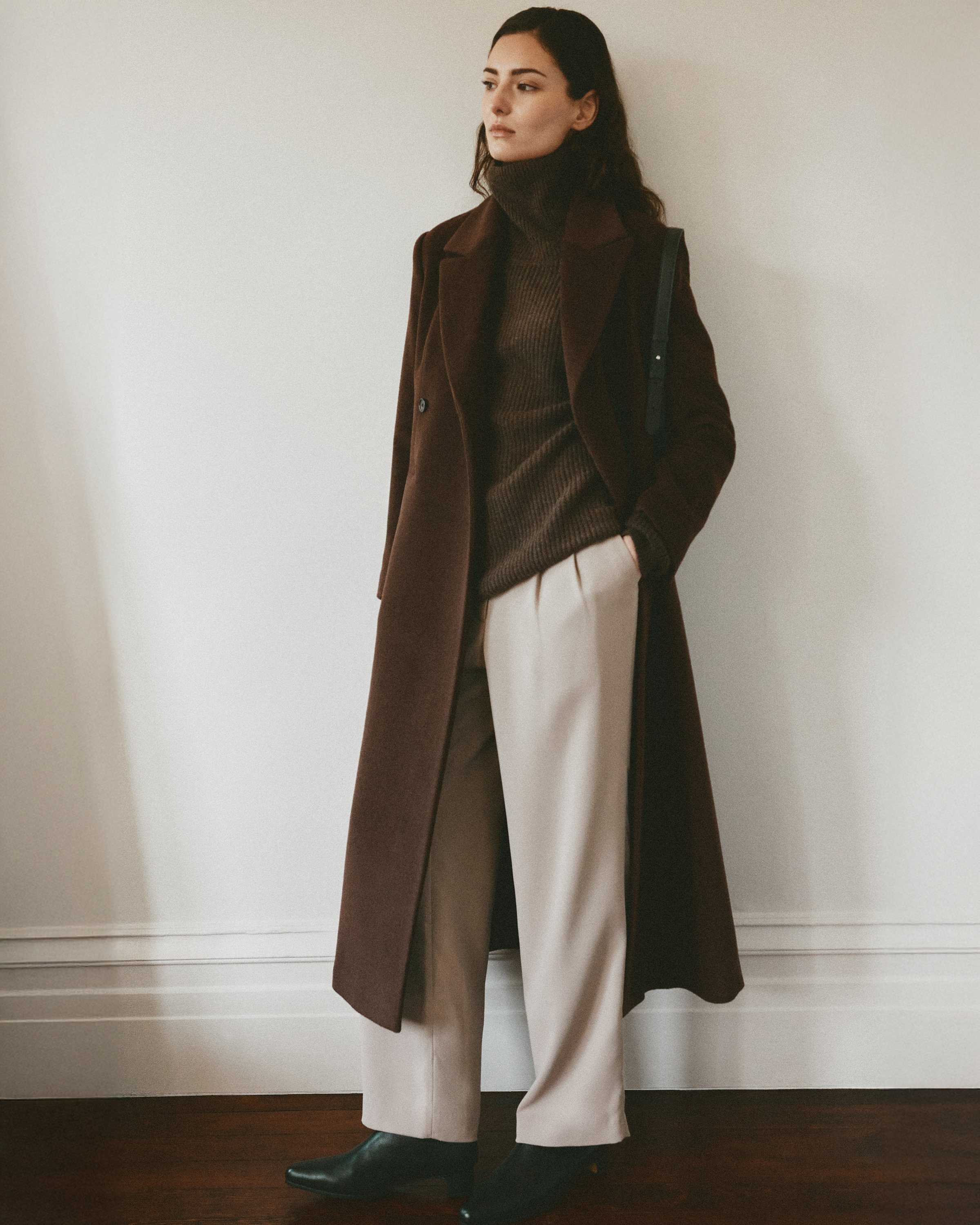 Wool Cashmere Tailored Long Coat in Dark Chocolate