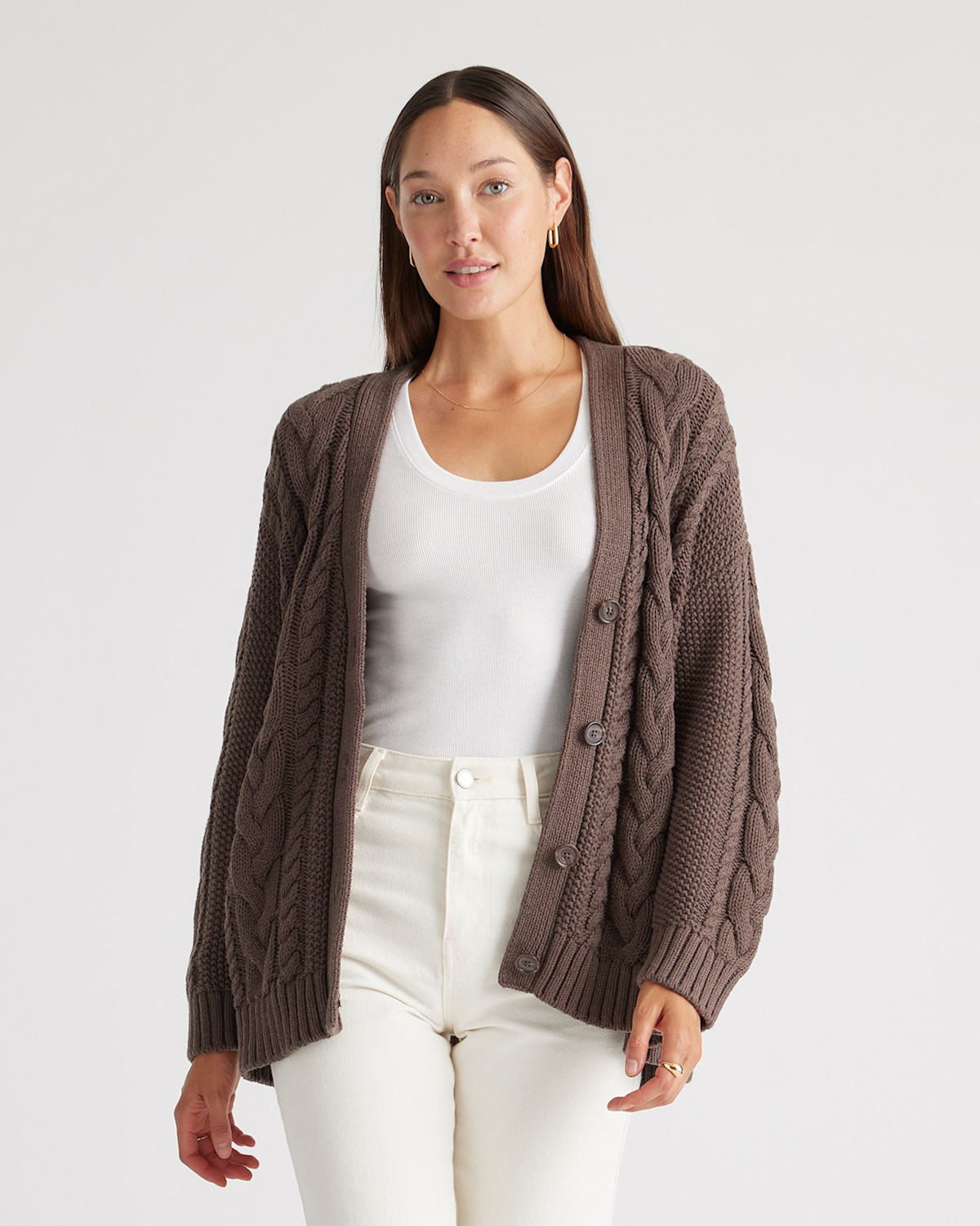 Quince 100% Organic Cotton Oversized Cable Cardigan in Heather Brown