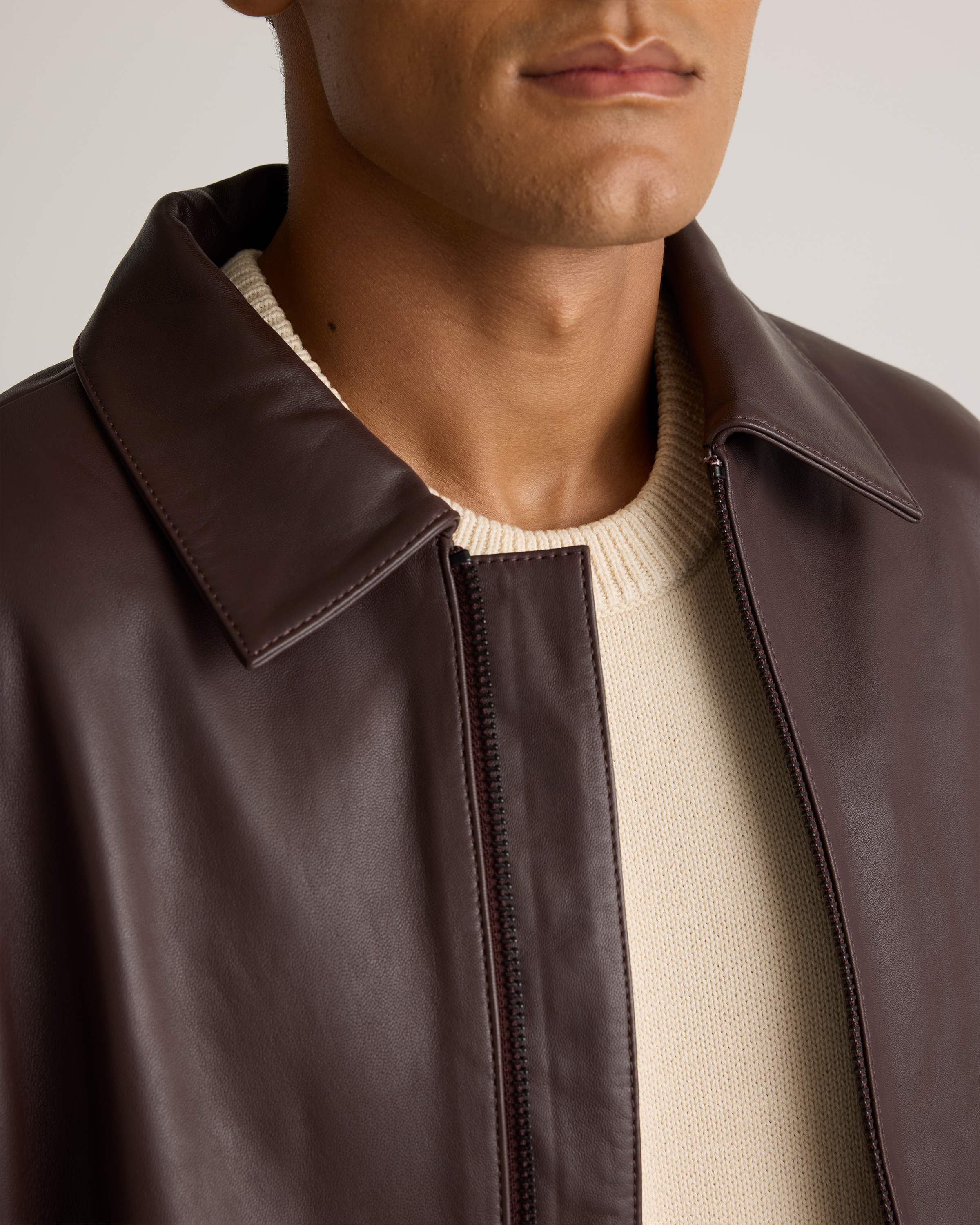 100% Leather Harrington Jacket in Brown