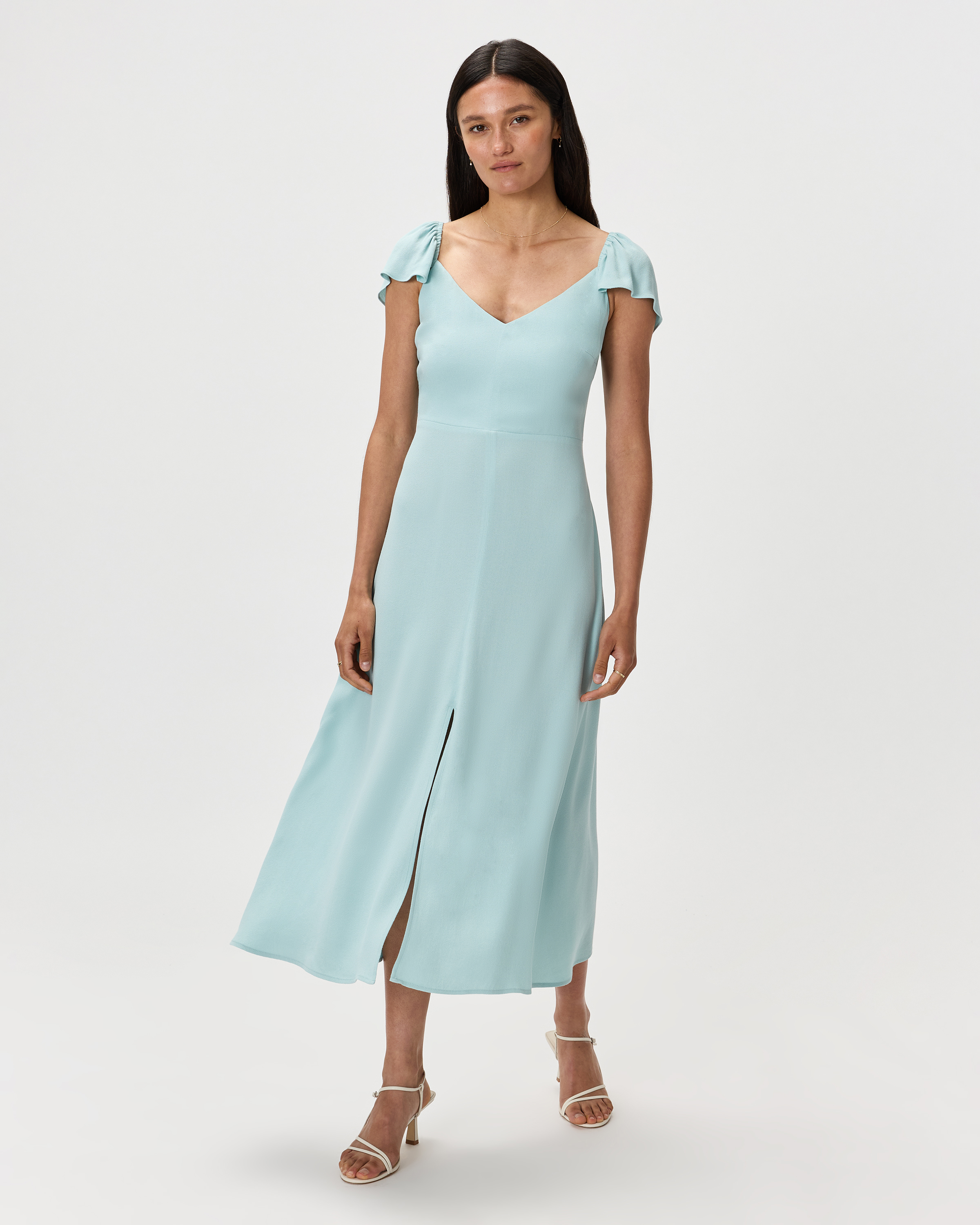 Aqua Pearl Lightweight Crepe Flutter Sleeve Midi Dress