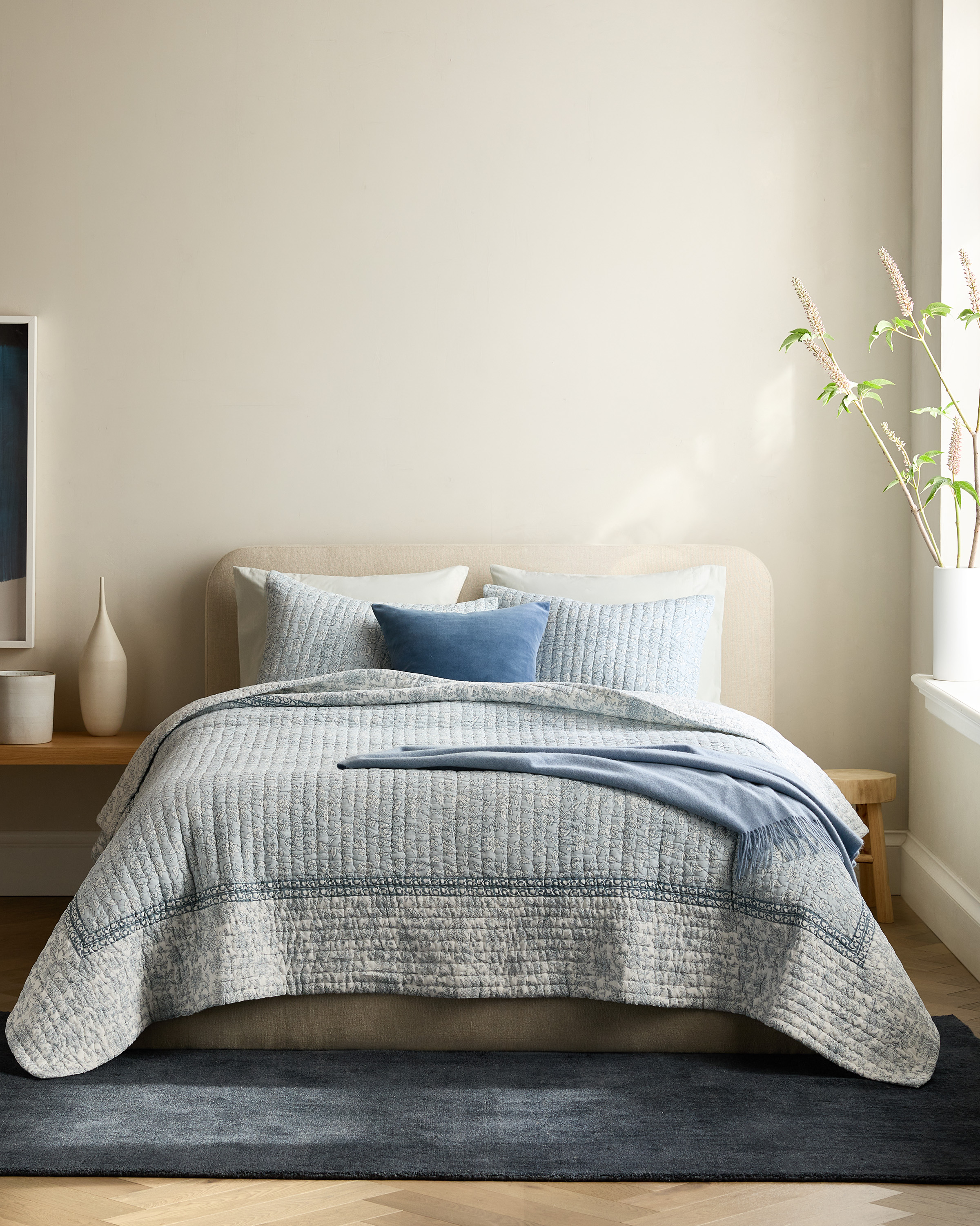 Blue Organic Cotton Block Print Quilt Set