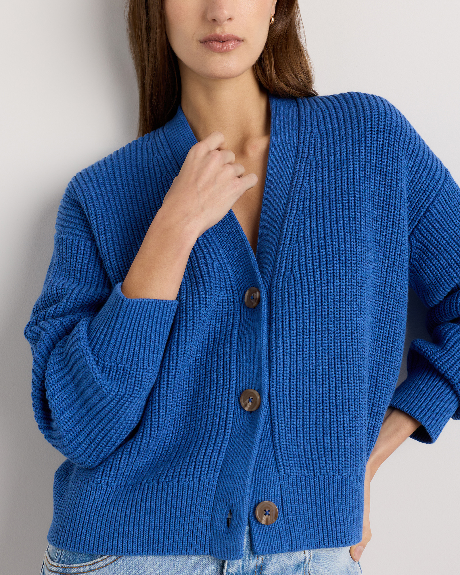 100% Organic Cotton Fisherman Boxy Cropped Cardigan in Sapphire Blue