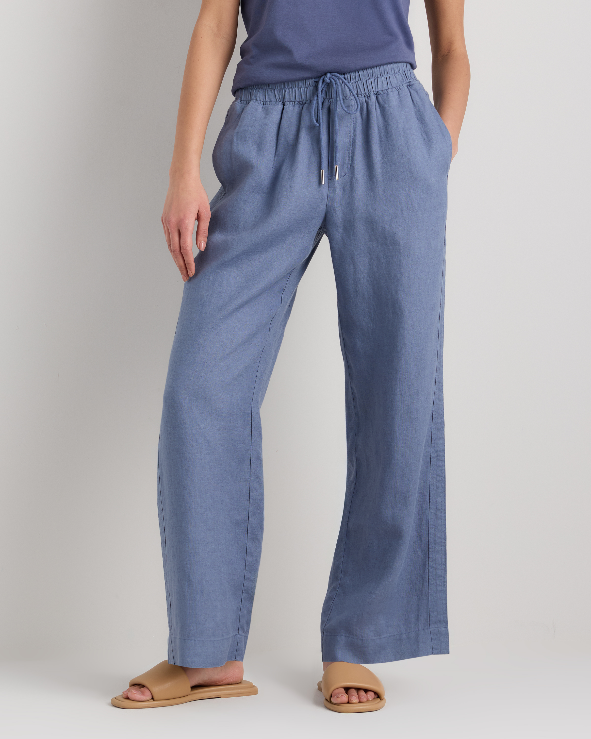 Moonstone Blue 100% European Linen Wide Leg Pants
