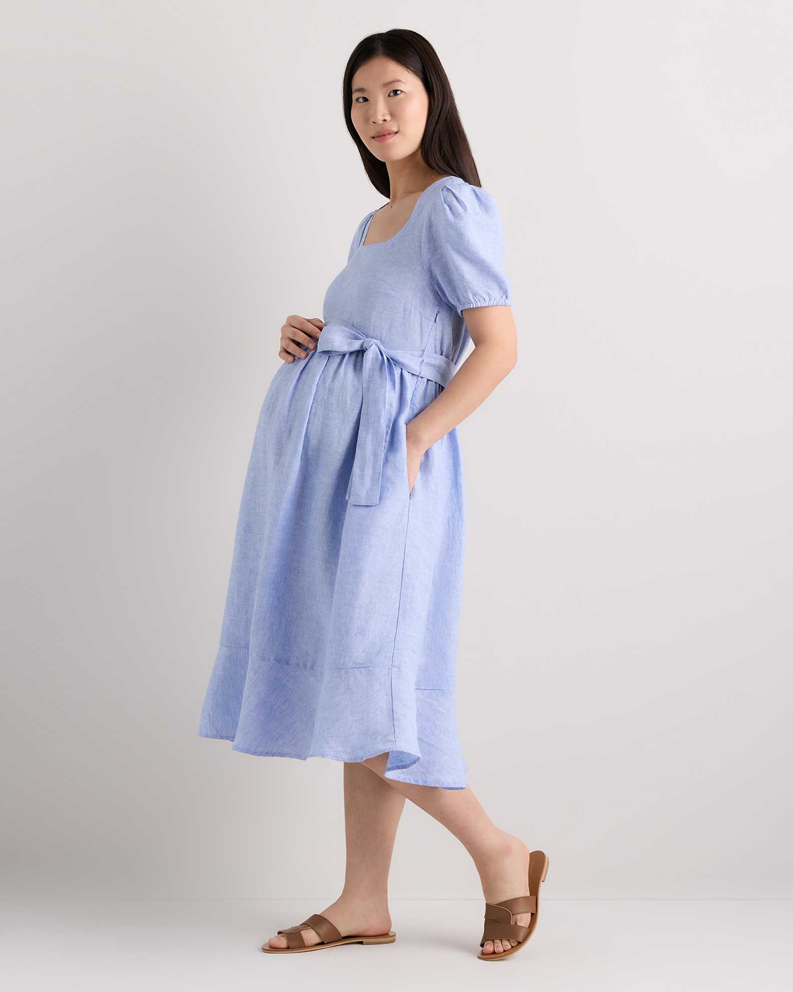 100% European Linen Maternity Short Sleeve Midi Dress in French Blue 100% European Linen Maternity Short Sleeve Midi Dress in French Blue