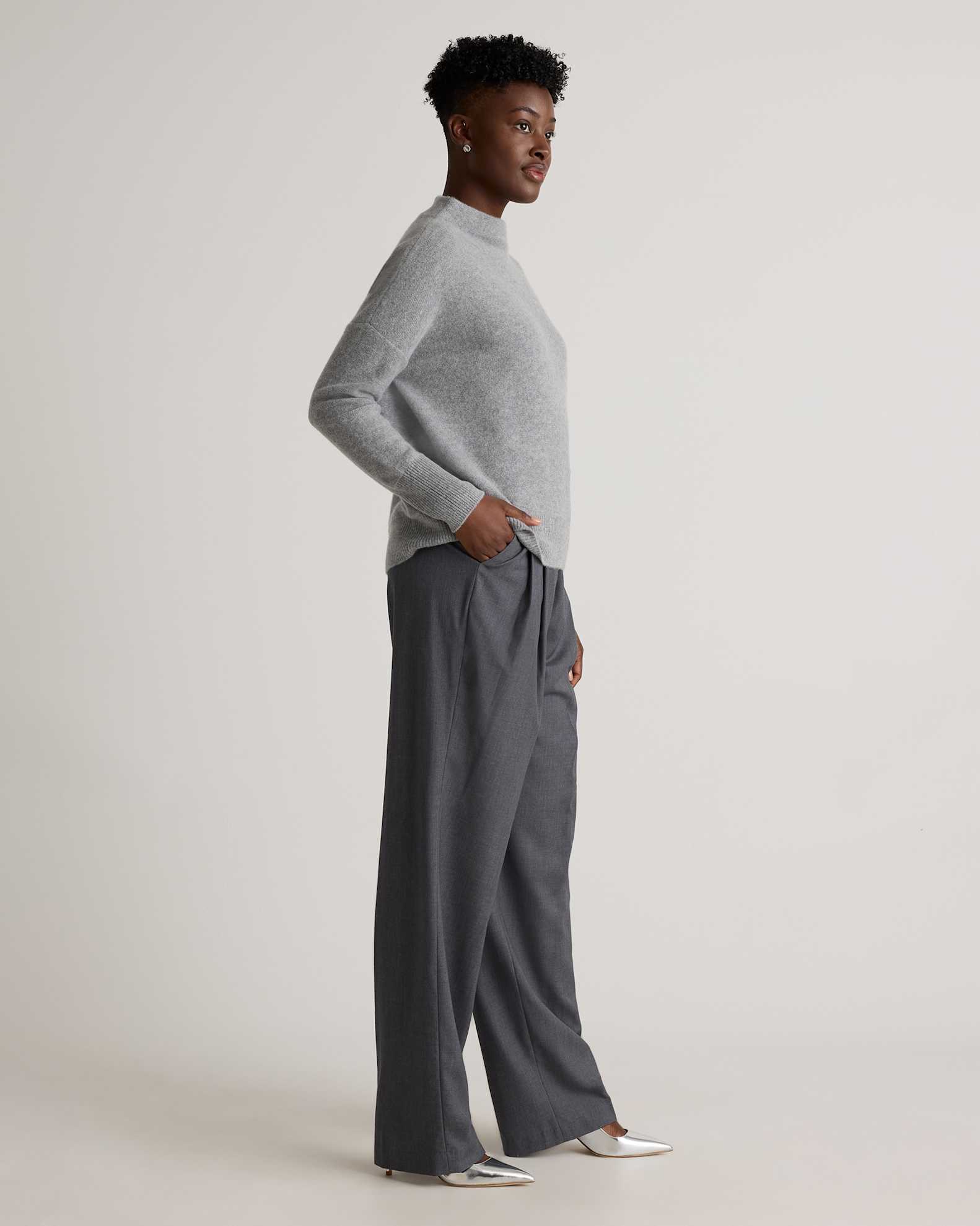 Mongolian Cashmere Funnel Neck Sweater in Heather Grey