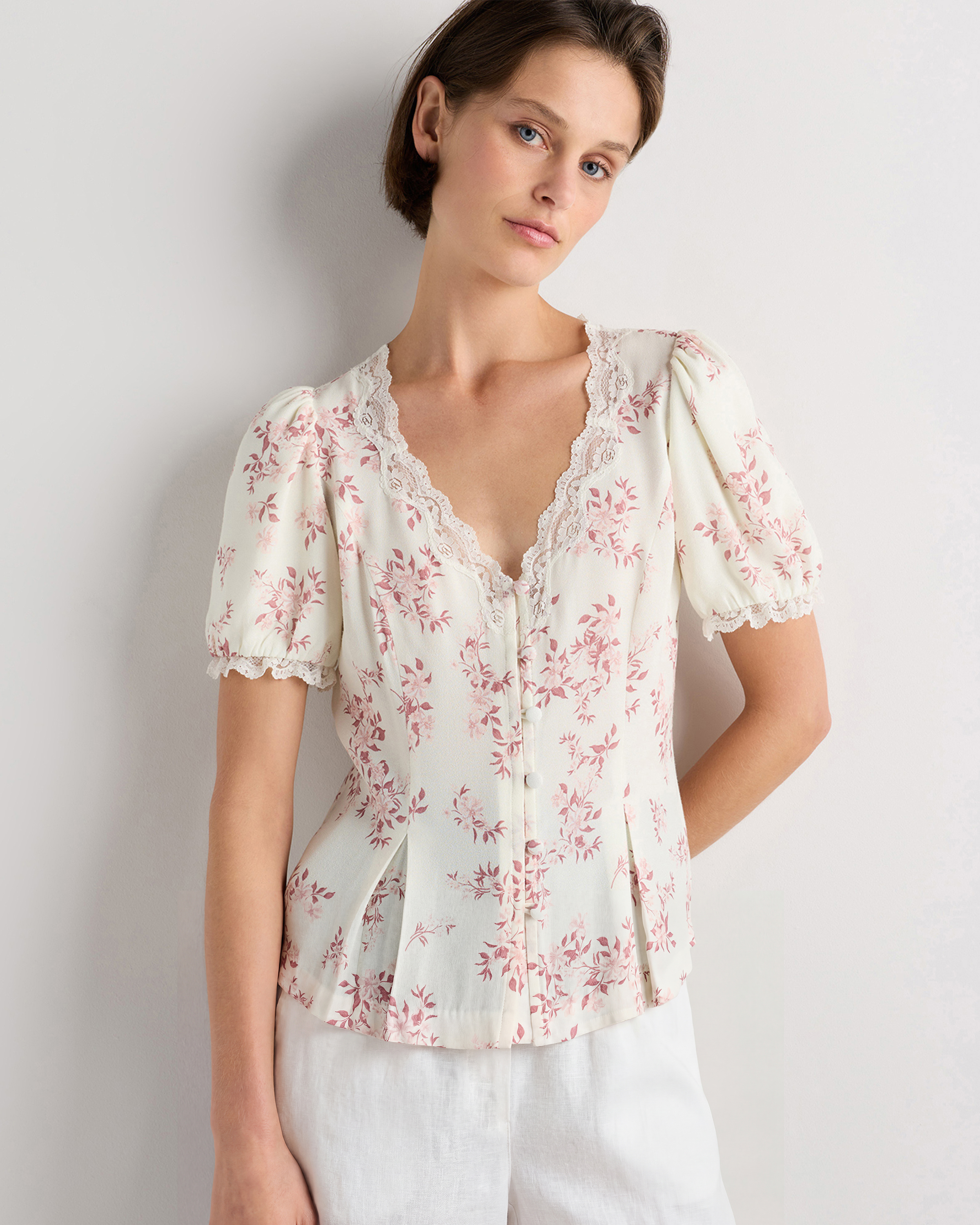Ivory Rose Pink Petite Floral Lightweight Crepe Lace Puff Sleeve Blouse
