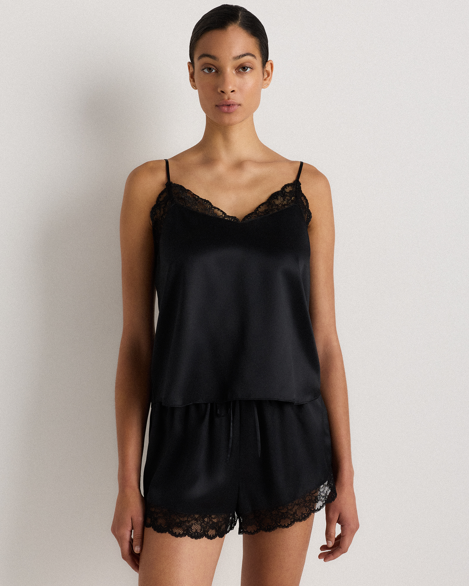 Black 100% Washable Silk Satin Lace Cami Pajama Top