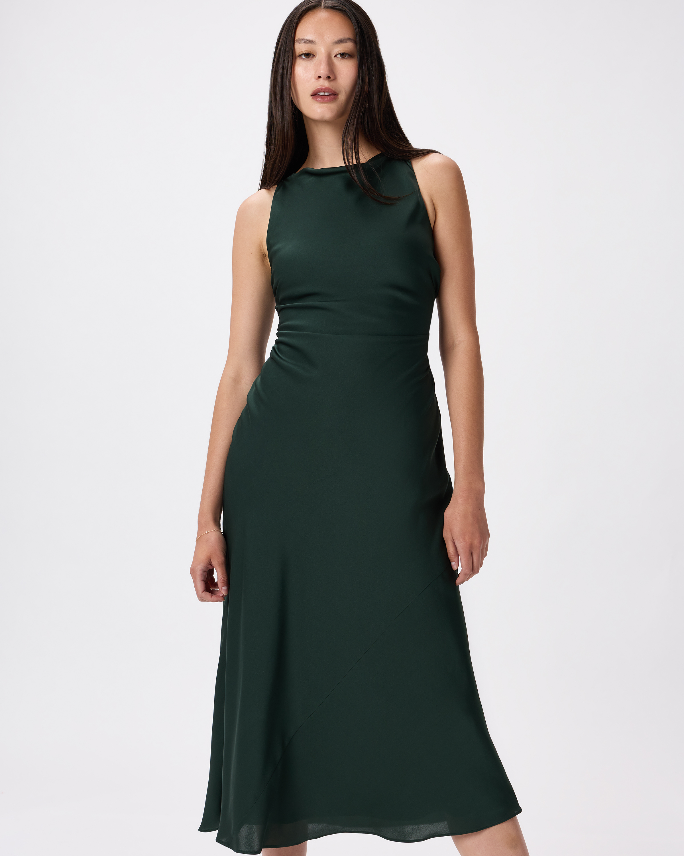 Washable Stretch Silk High Neck Midi Dress in Forest Green