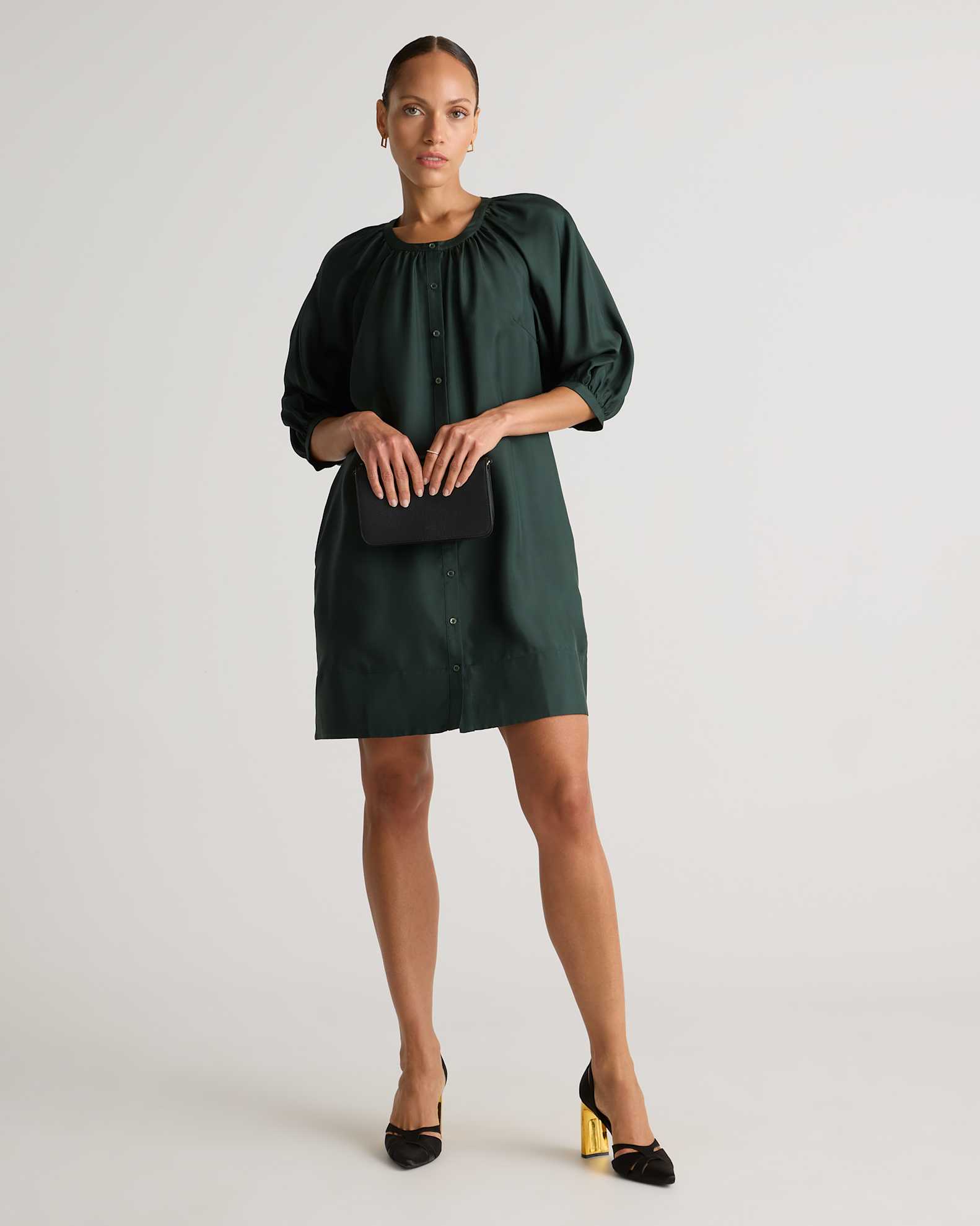 Quince Women's Mini Dress in Forest Green, 100% Silk Twill, Button Front, Size XS - Luxurious & Washable Quince Women's Mini Dress in Forest Green, 100% Silk Twill, Button Front, Size XS - Luxurious & Washable