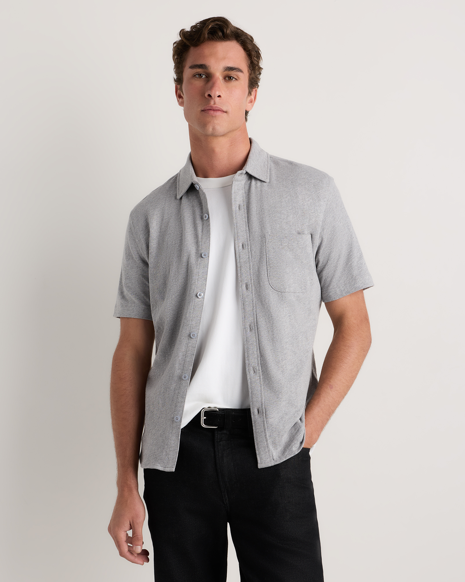 Heather Grey 100% Organic Cotton Slub Short Sleeve Button Up Shirt