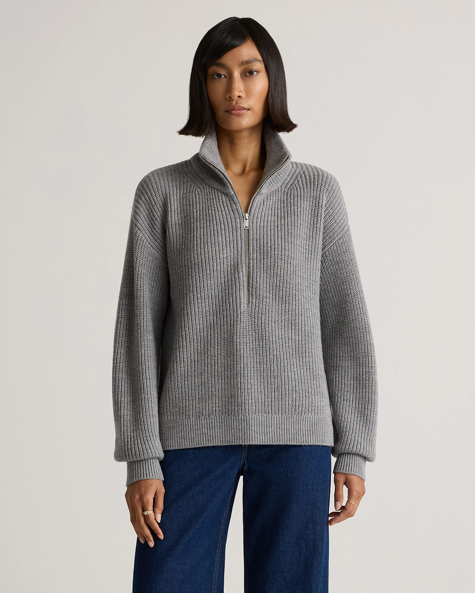 Australian Merino Wool Half Zip Sweater in Heather Bone