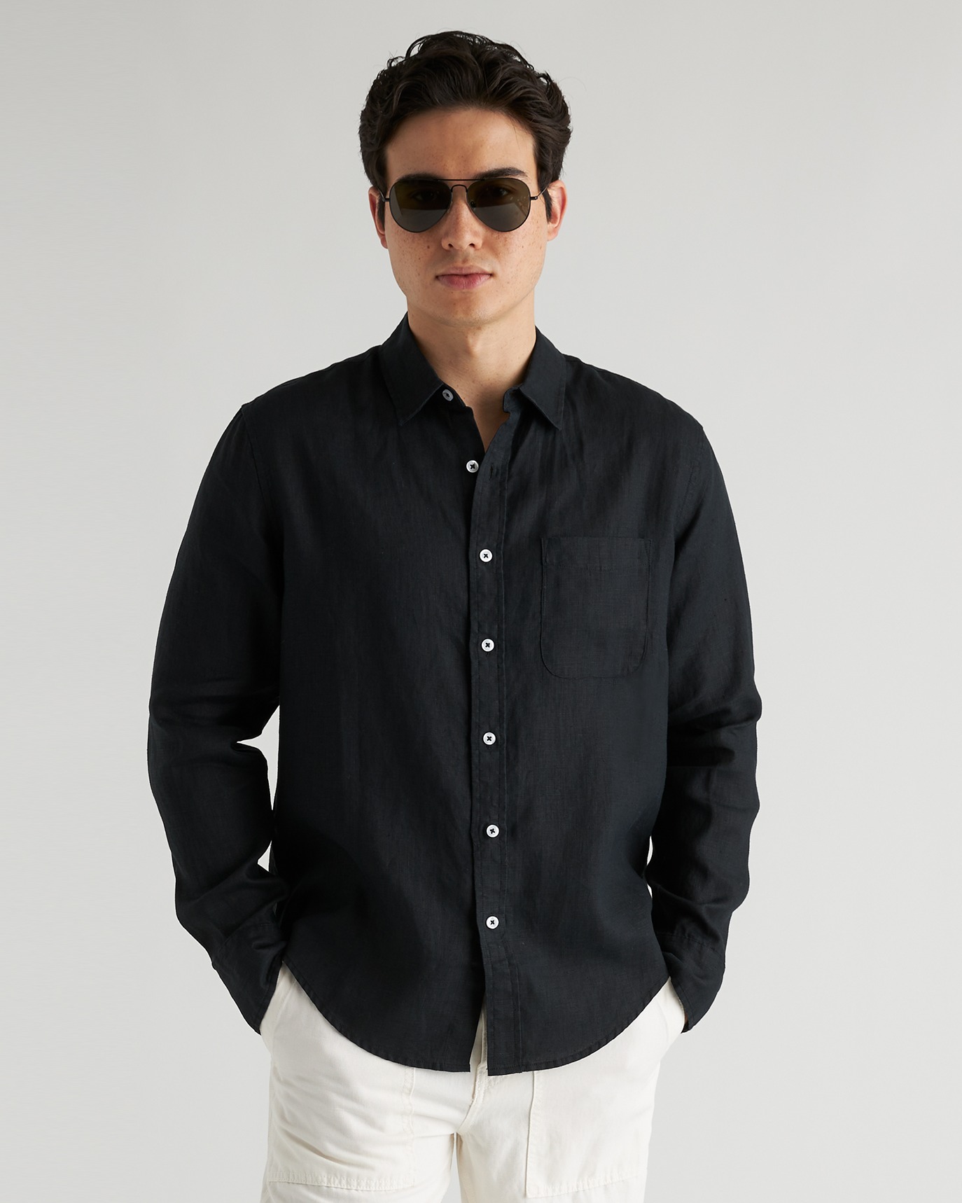 Black 100% European Linen Relaxed Long Sleeve Pocket Shirt