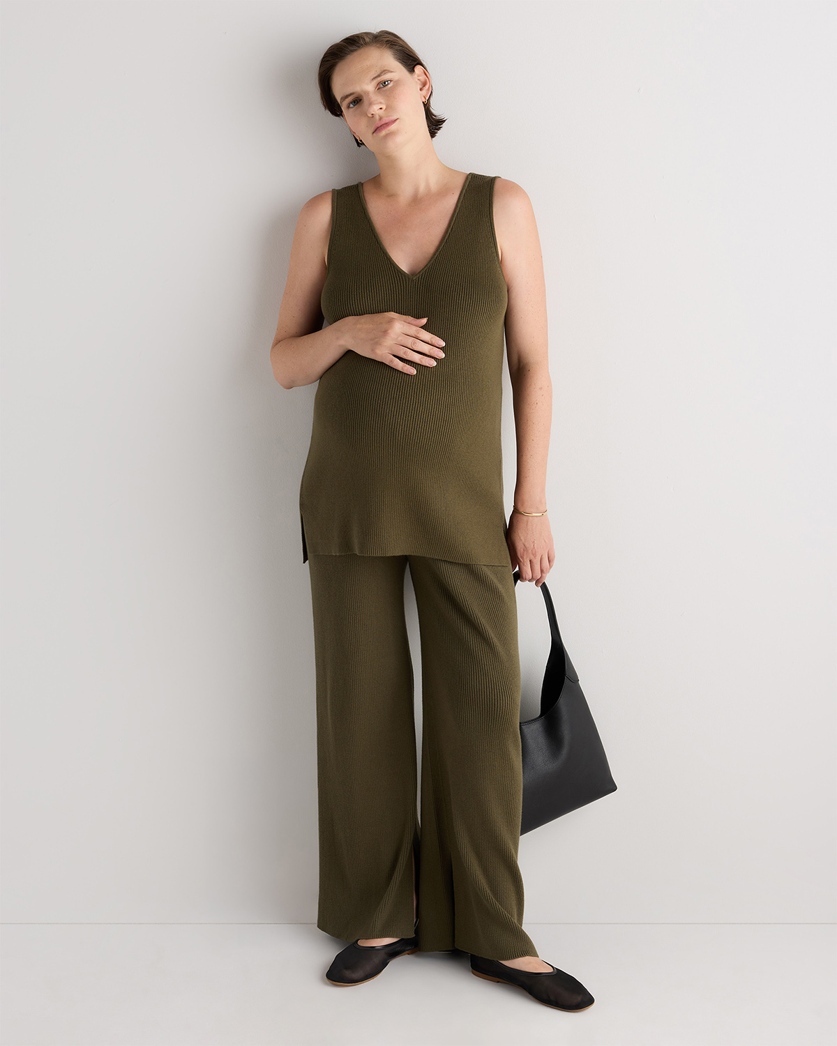 Olive Cotton Cashmere Maternity and Nursing V-Neck Tank