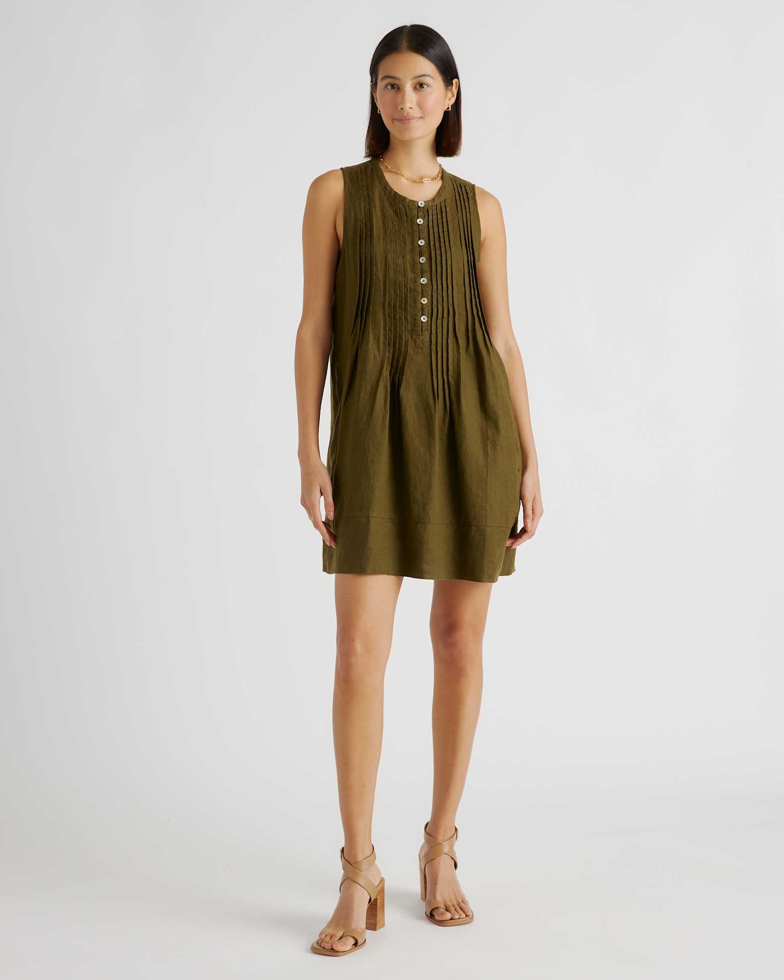 100% European Linen Sleeveless Swing Dress in Martini Olive 100% European Linen Sleeveless Swing Dress in Martini Olive
