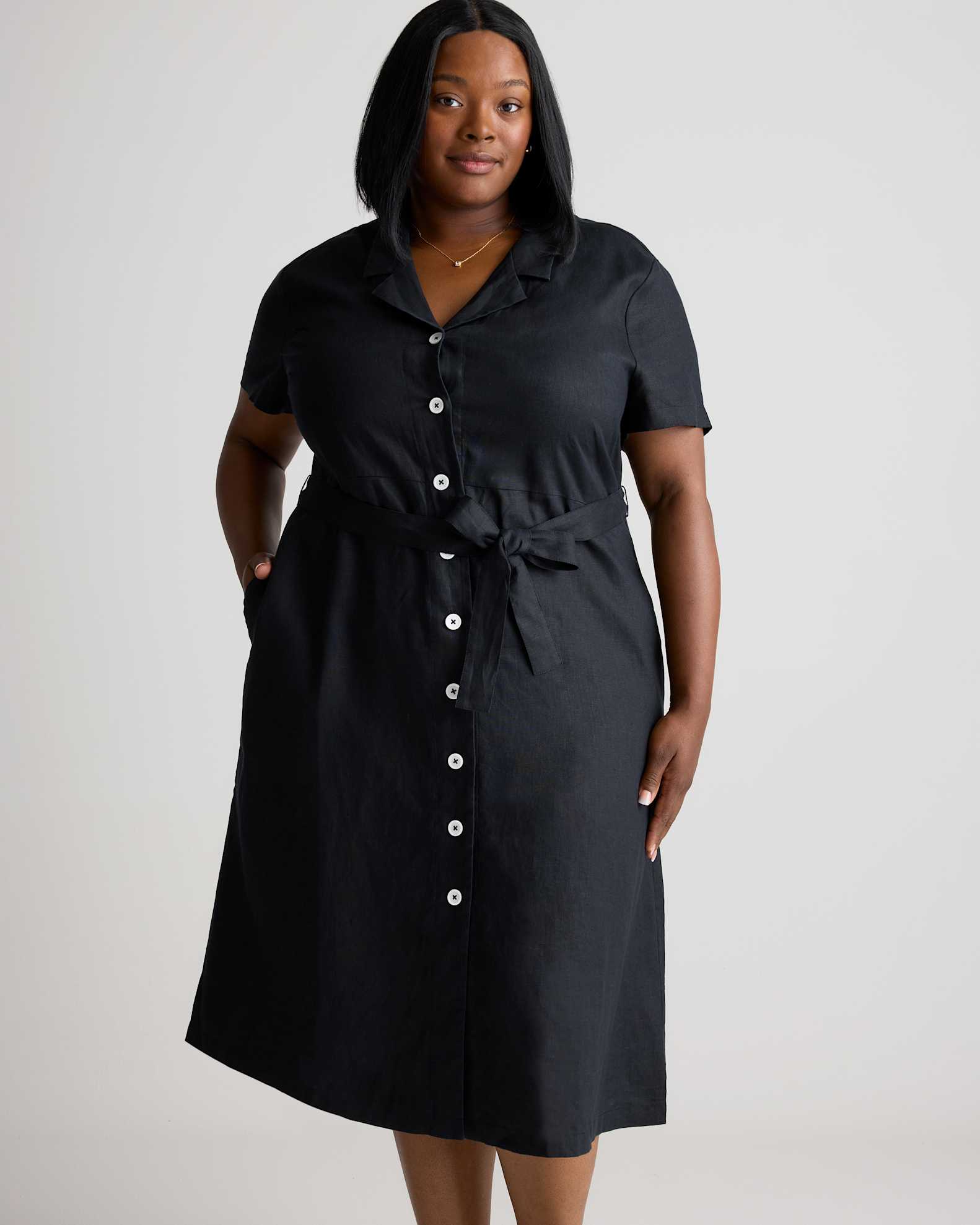 Women's 100% European Linen Button Front Dress in Black, Size 2X by Quince Women's 100% European Linen Button Front Dress in Black, Size 2X by Quince