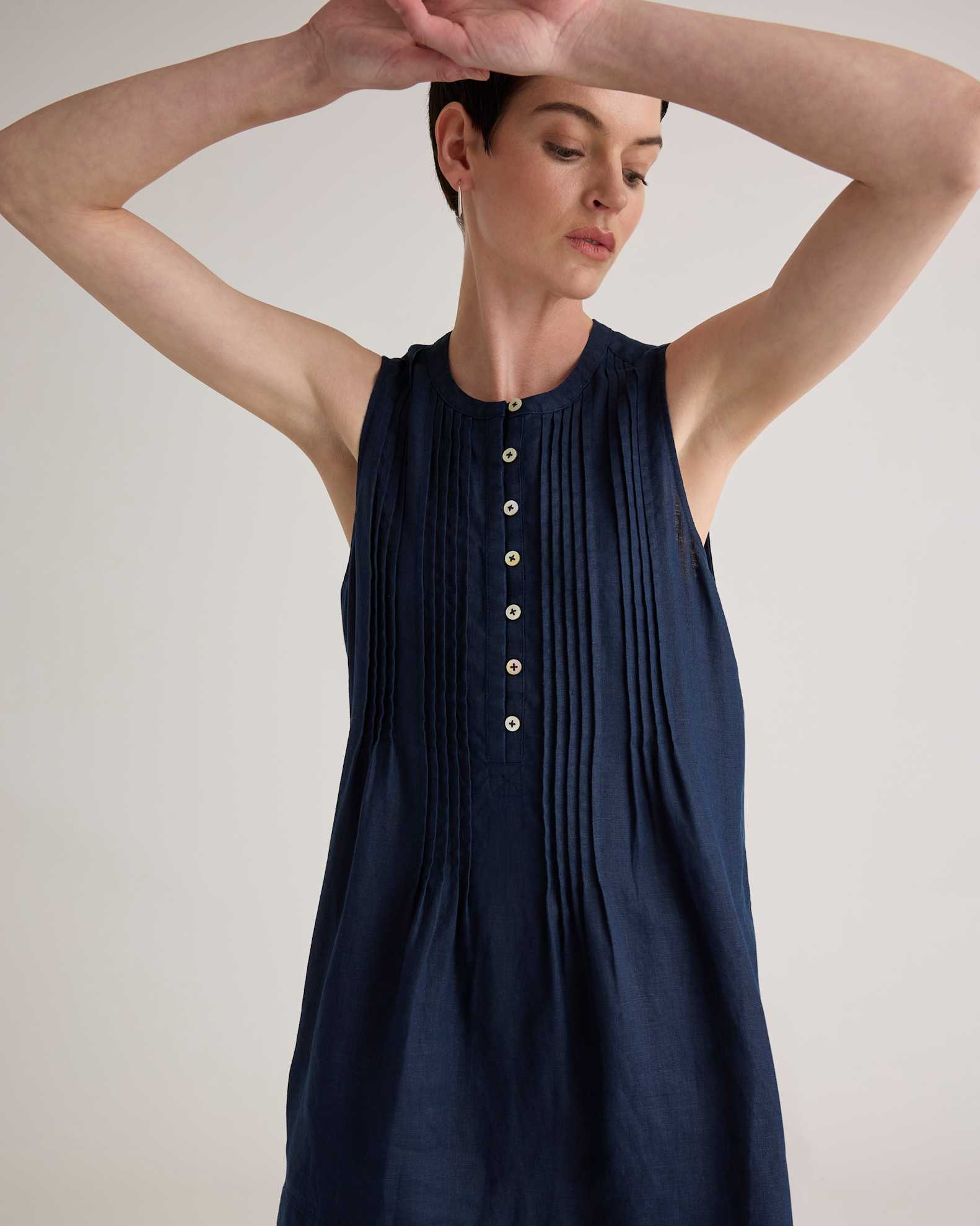 Quince Women's Sleeveless Swing Dress in Deep Navy, Small Size - 100% European Linen, Eco-Friendly Material, Pleat Detailing Quince Women's Sleeveless Swing Dress in Deep Navy, Small Size - 100% European Linen, Eco-Friendly Material, Pleat Detailing