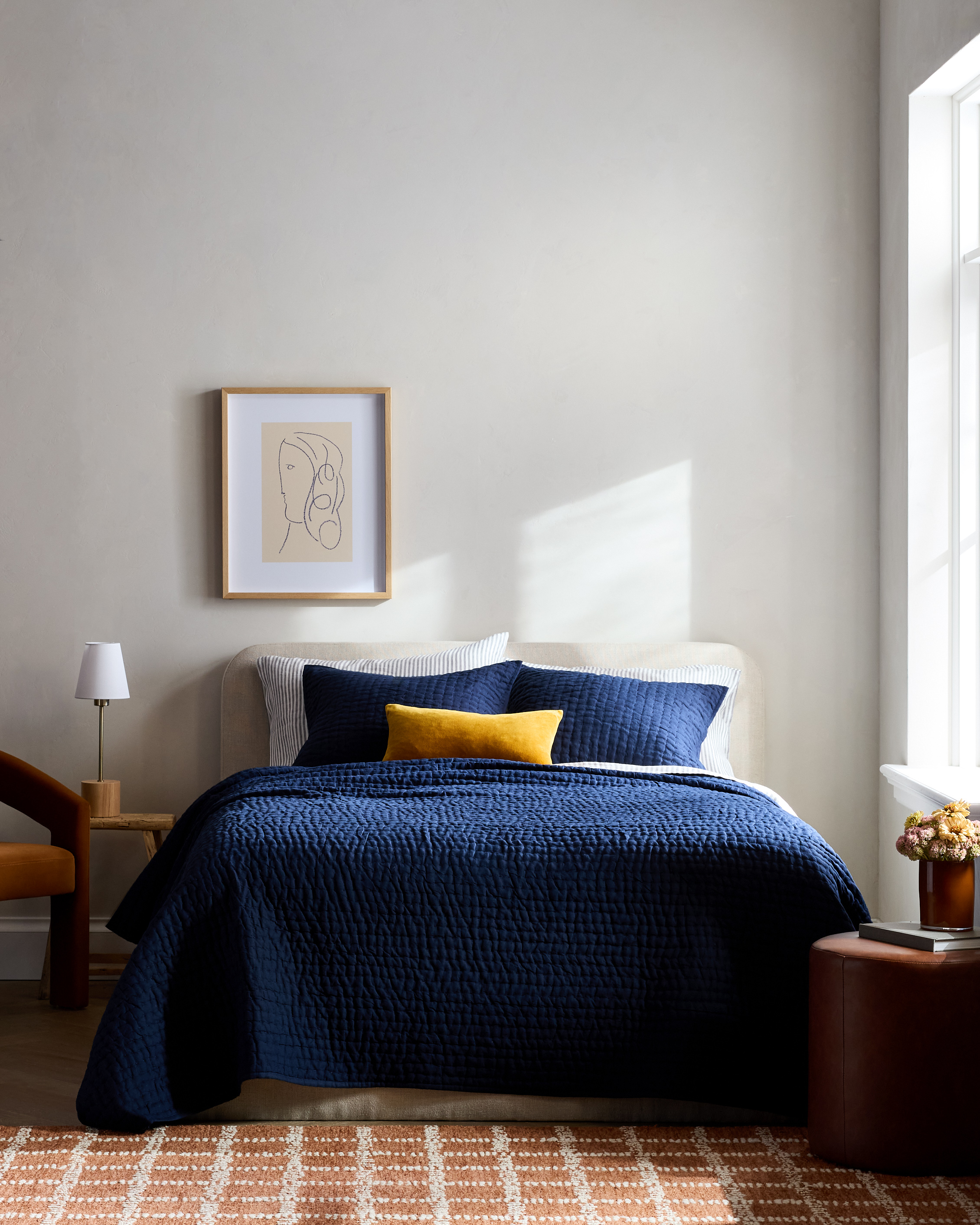 Navy European Linen Cotton Stitch Quilt Set