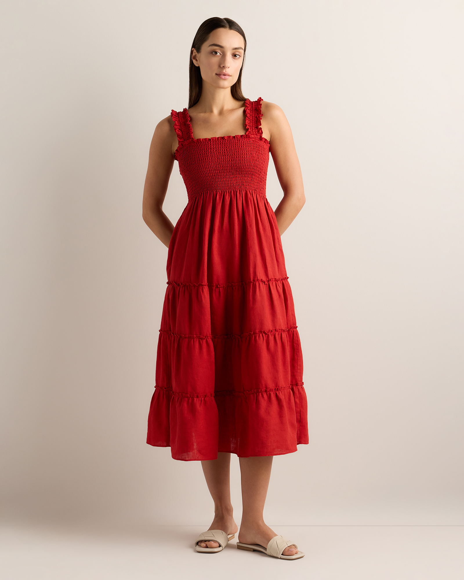 Chile 100% European Linen Smocked Midi Dress