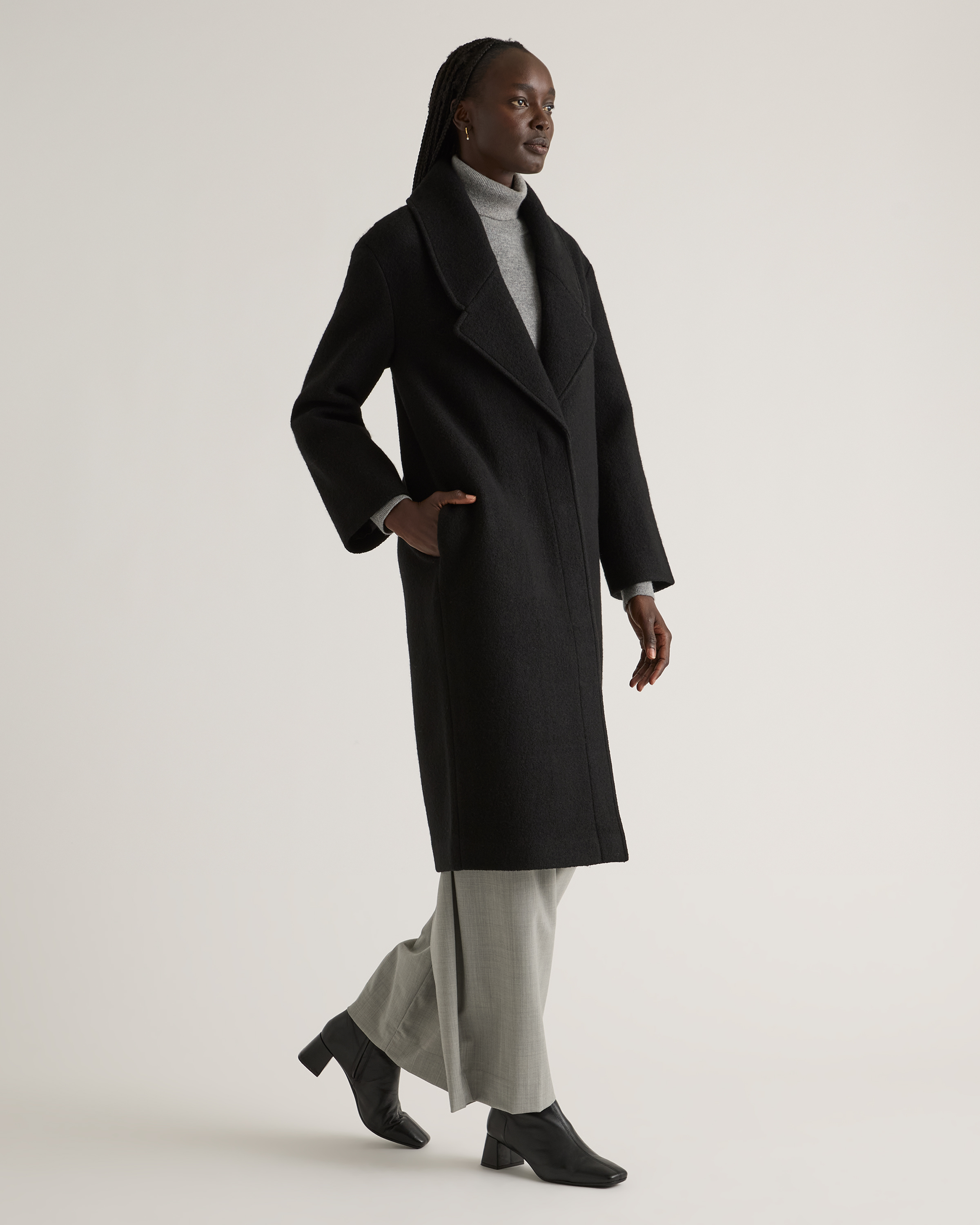 100% Merino Wool Shawl Collar Long Coat in Black